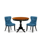 East West Furniture Amsi3-Bch-21 3 Piece Dinette Set For Small Spaces Contains A Round Kitchen Table With Pedestal And 2 Blue Linen Fabric Parson Dining Chairs, 36X36 Inch, Black & Cherry
