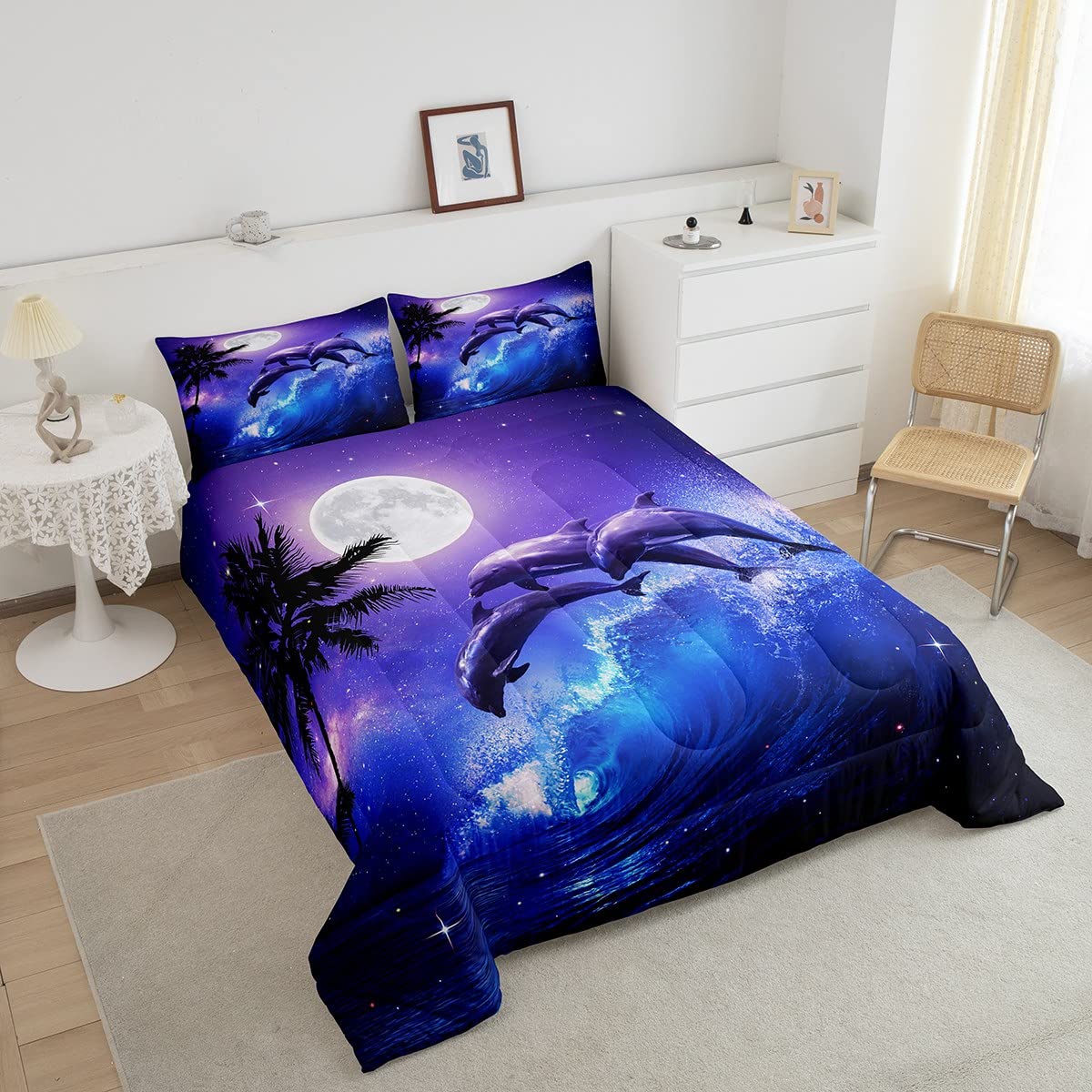 Castle Fairy 3D Dolphin Pattern Comforter Set King Size Dolphin Sea Jumping Bedding Set Decor Underwater World Sea Aniamls Comforter Night Moonlight Blue Purple Duvet Set