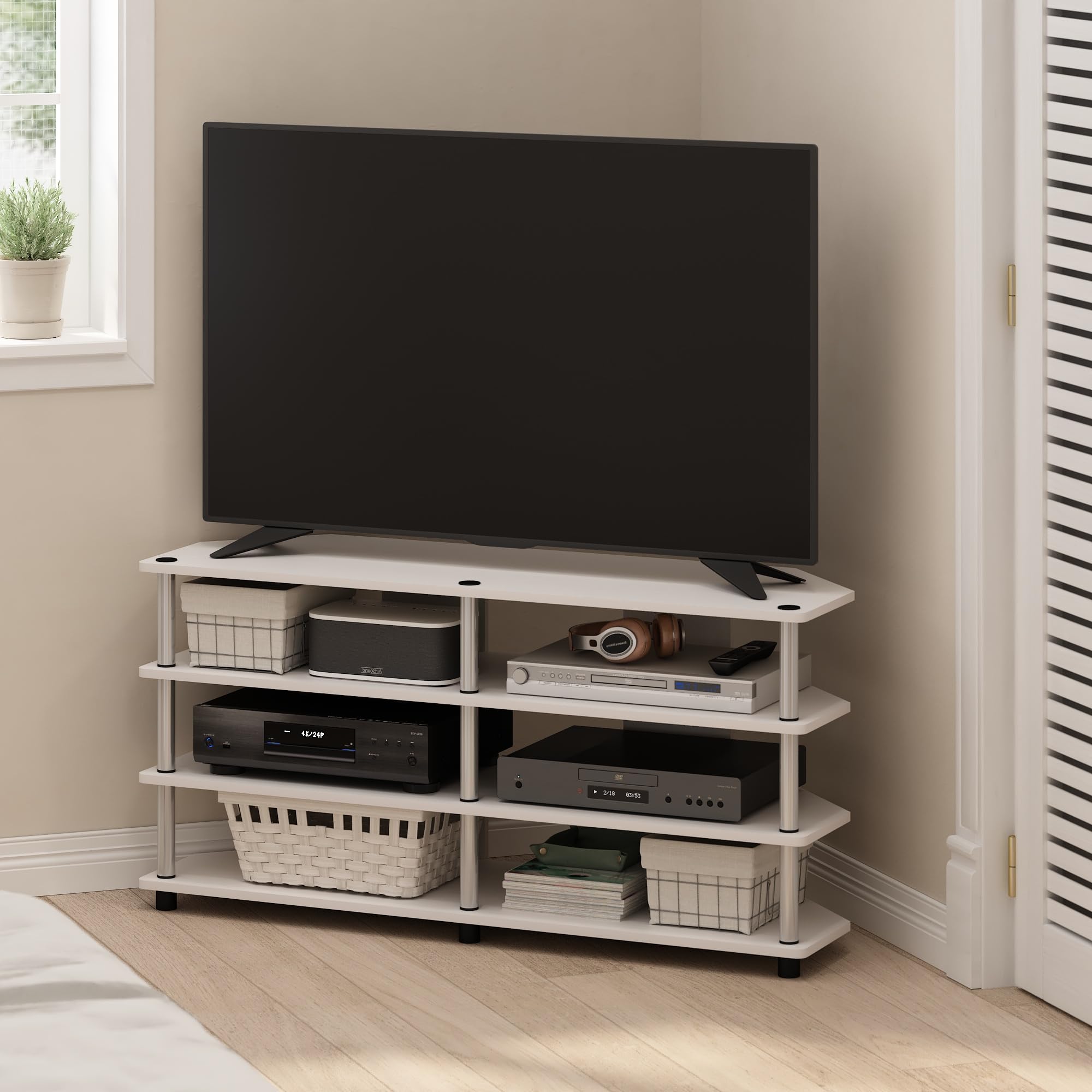 Furinno Econ Easy Assembly 4-Tier Corner TV Stand for TV up to 55-Inch, White Oak/Stainless Steel