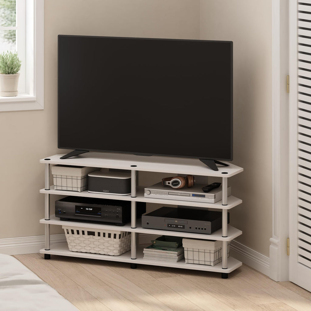 Furinno Econ Easy Assembly 4-Tier Corner TV Stand for TV up to 55-Inch, White Oak/Stainless Steel