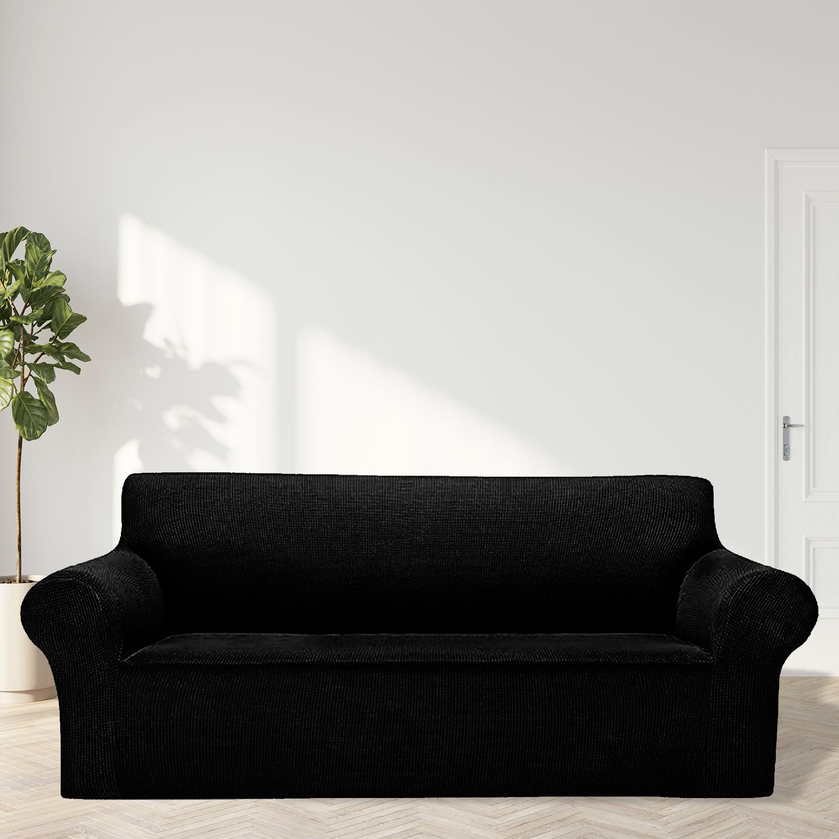 2025 New Stretch Sofa Slipcovers Couch Cover For 3 Cushion Furniture Protector Sofa Covers With Elastic Bottom Jacquard Fabric Small Checks For Pets, Kids -Sofa, Black