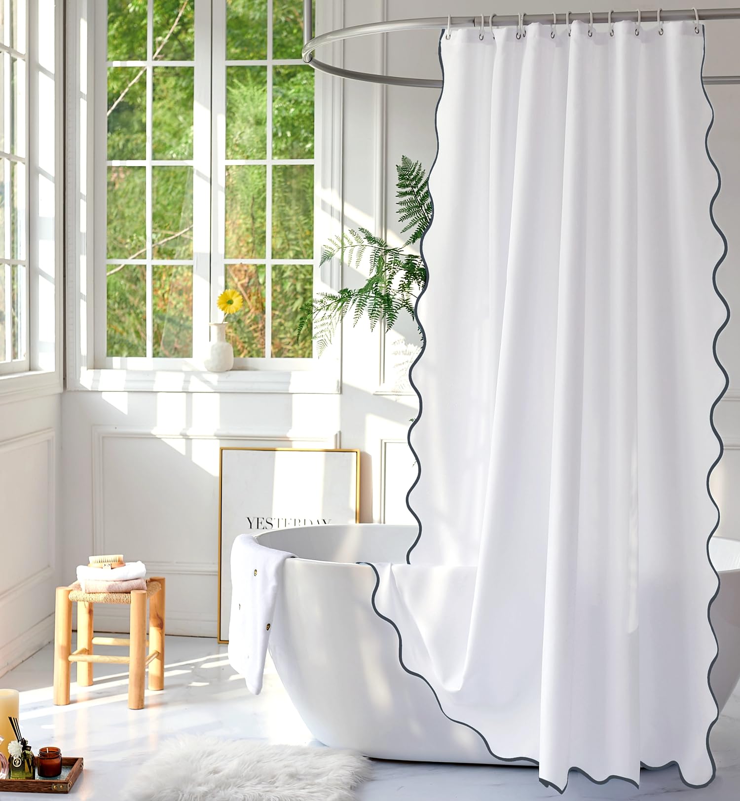 Youngseahome White Fabric With Grey Scalloped Border Shower Curtain,Boho Chic Cloth Shower Curtain For Bathroom Showers,72 X 72