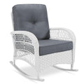 Vivijason Outdoor Wicker Rocking Chair, Patio Rattan Rocker Chair With Cushions & Steel Frame, All-Weather Rocking Lawn Wicker Furniture For Garden Backyard Porch (White Wicker/Grey)