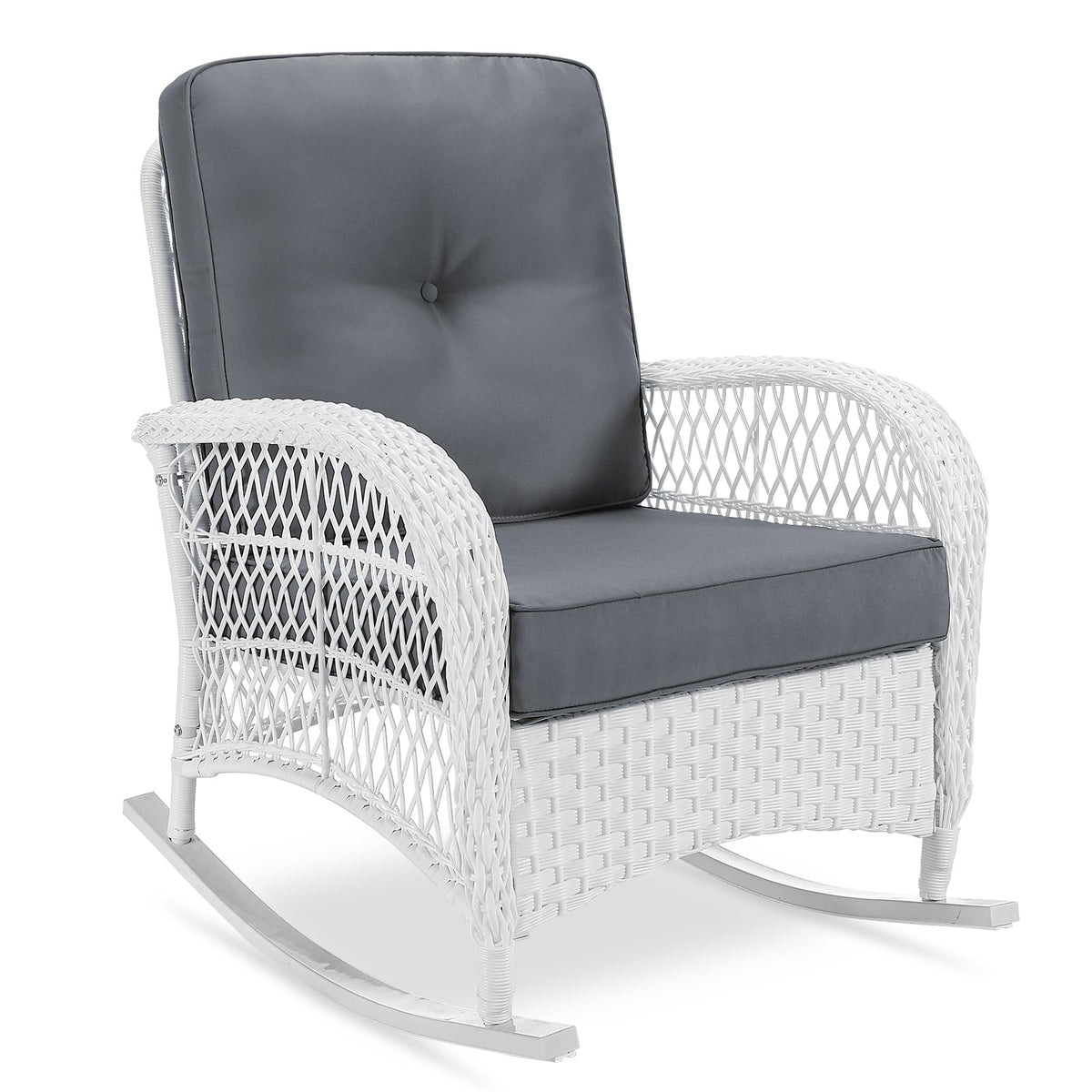 Vivijason Outdoor Wicker Rocking Chair, Patio Rattan Rocker Chair With Cushions & Steel Frame, All-Weather Rocking Lawn Wicker Furniture For Garden Backyard Porch (White Wicker/Grey)