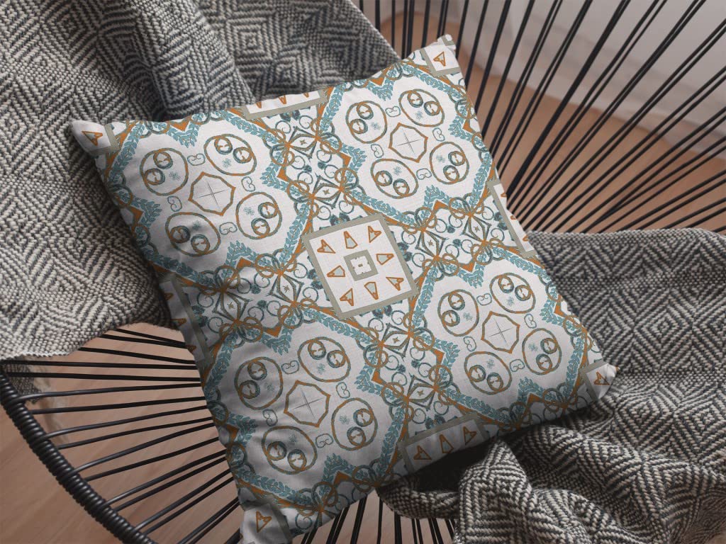 HomeRoots Orange and Light Blue On White Broadcloth 28â€ Blue Orange Mandala Indoor Outdoor Throw Pillow