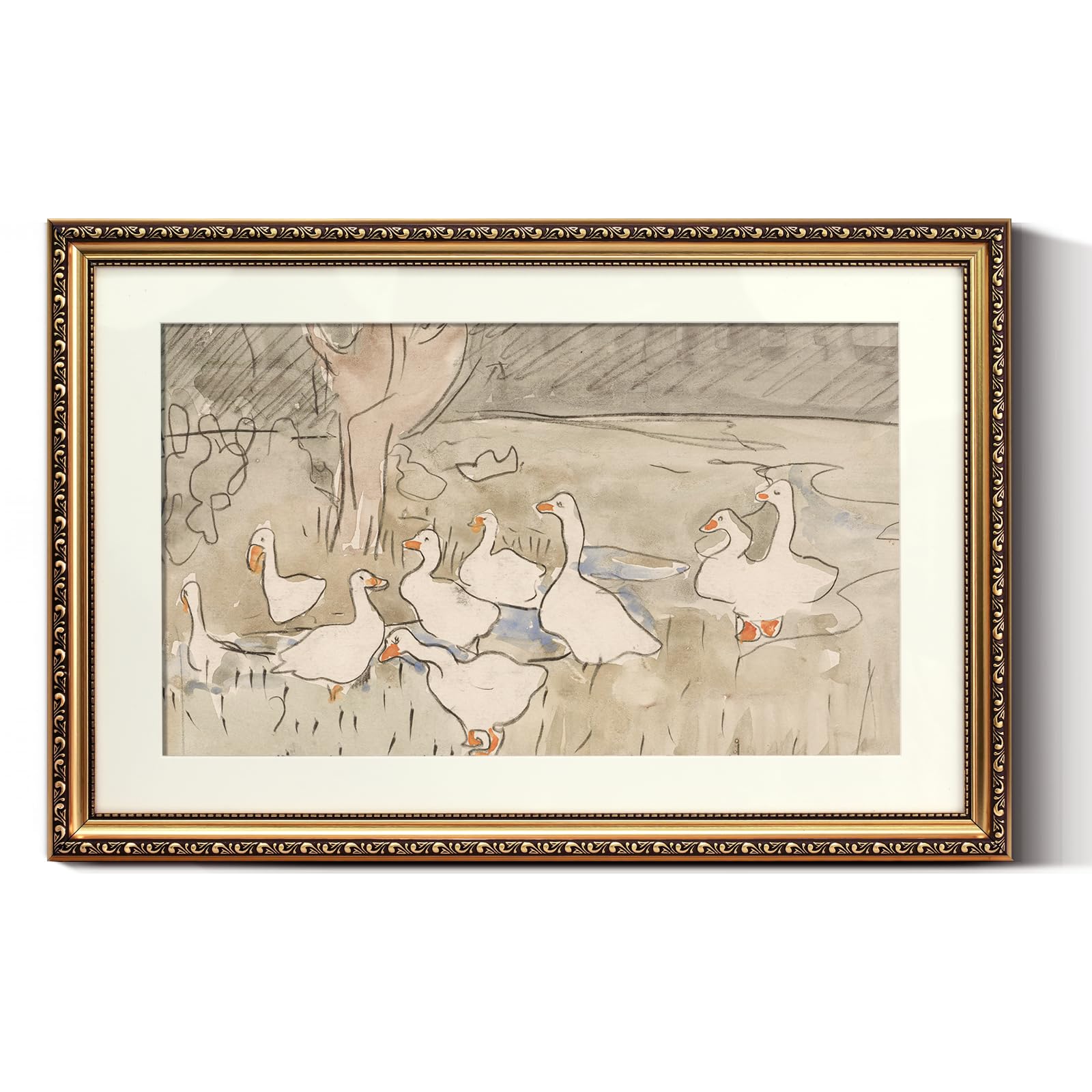 ARPEOTCY Vintage Gold Framed Large Nursery Wall Art, Farmhouse Cute Duck Paintings, Canvas Prints with Antique Picture Frame, Vi