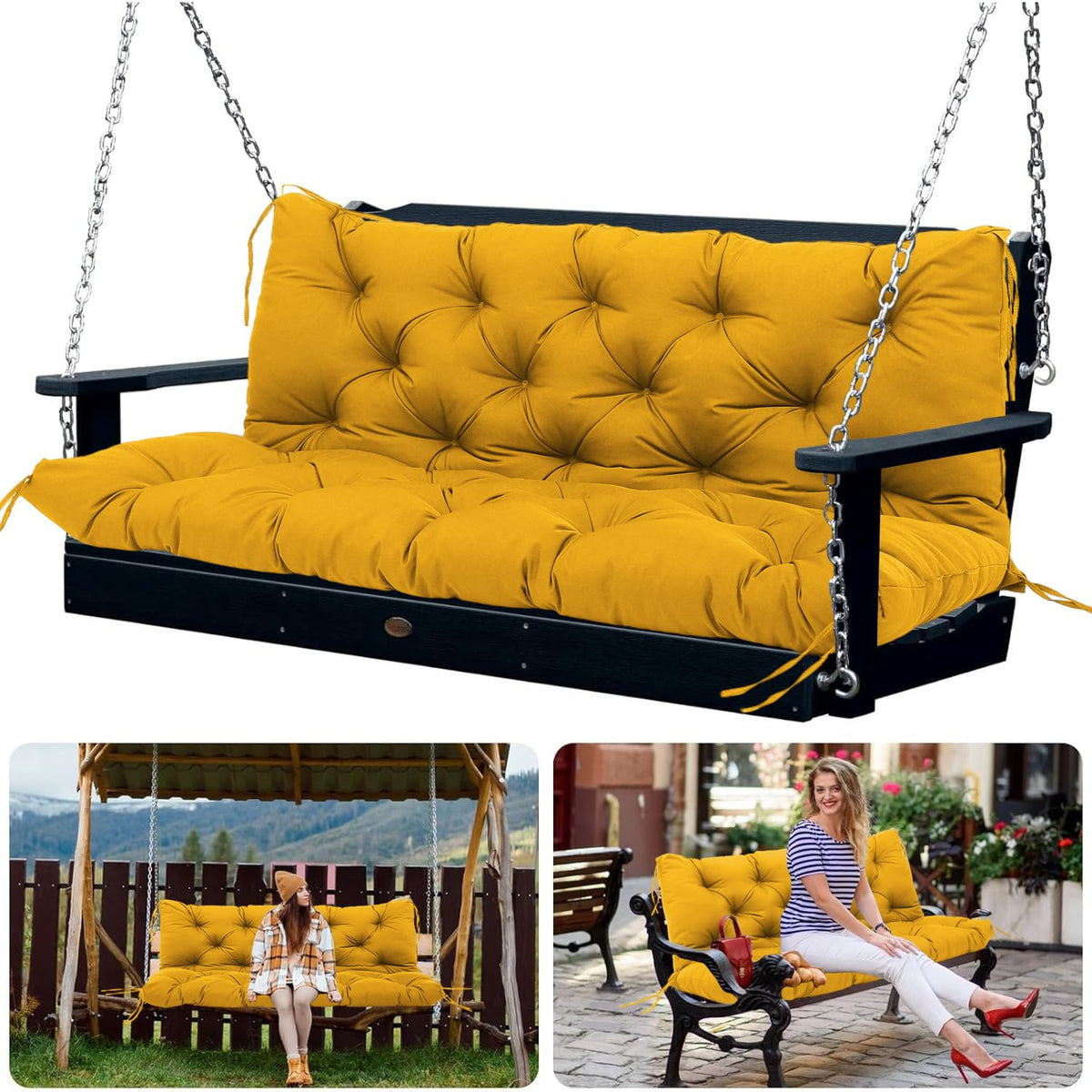 Sxbfhgh Porch Swing Cushions Outdoor 60 Inch With Backrest Yellow Thick 5' Waterproof 3 Seater Replacemen Swing Cushions For Ou