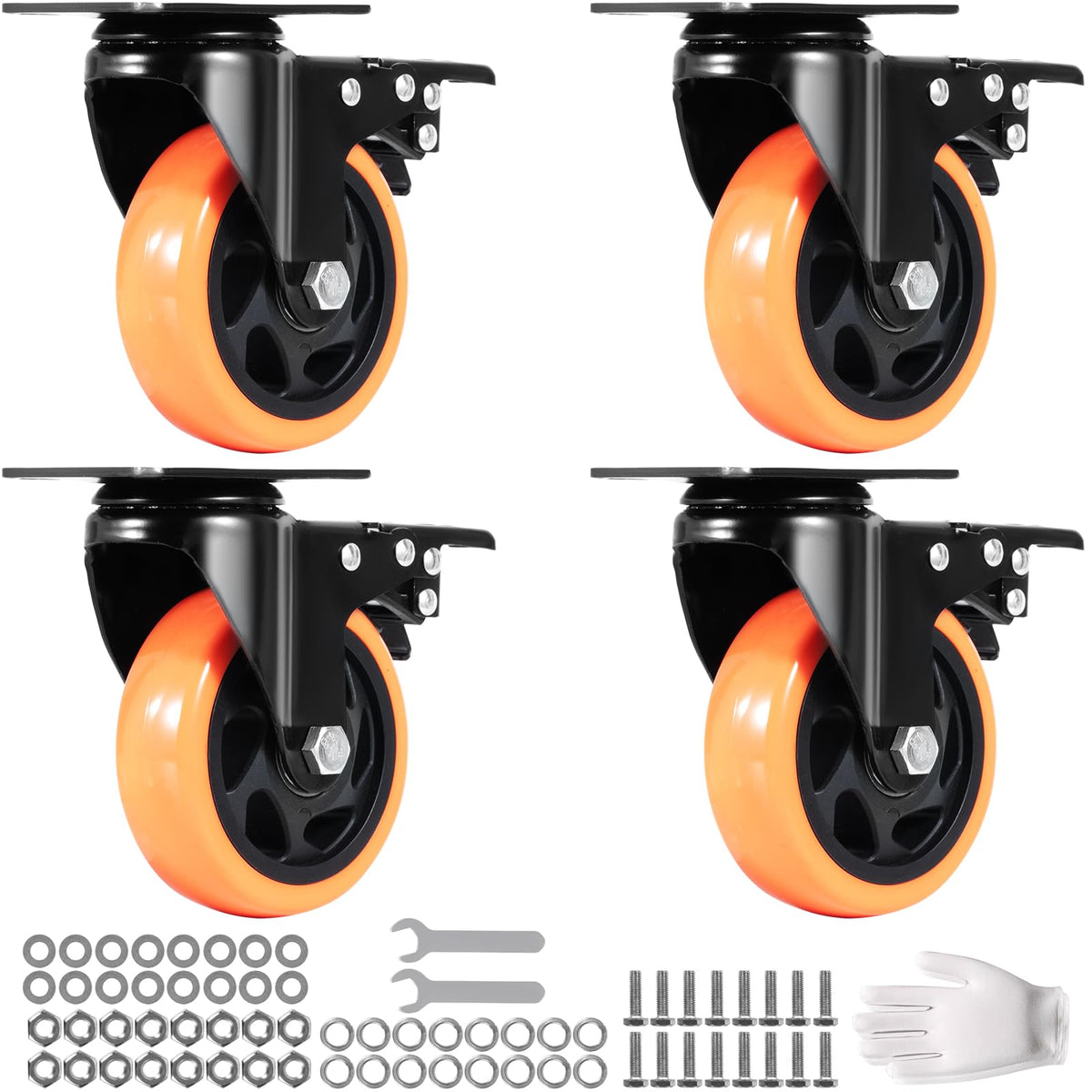 VEVOR Caster Wheels, 4-inch Swivel Plate Casters, Set of 4, with Security A/B Locking No Noise PVC Wheels, Heavy Duty 1400 lbs L
