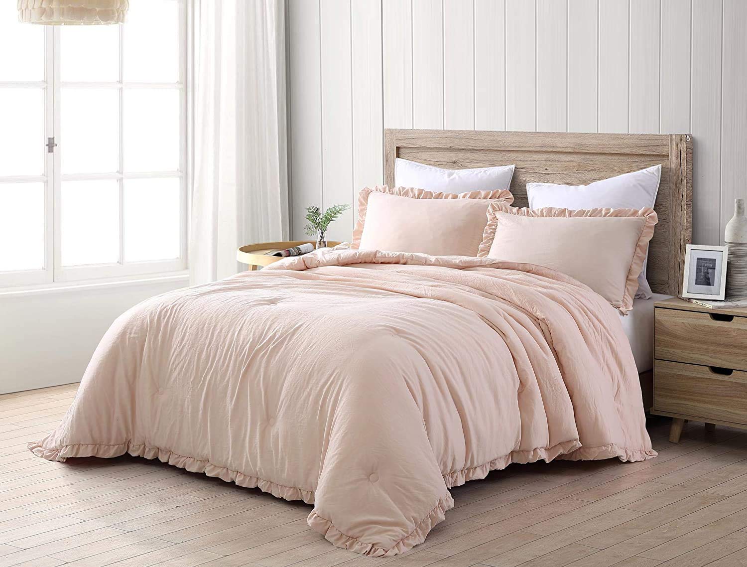 Chezmoi Collection Nora 3-Piece Ruffled Edge Trim Soft Washed Microfiber Comforter Set (King, Blush)
