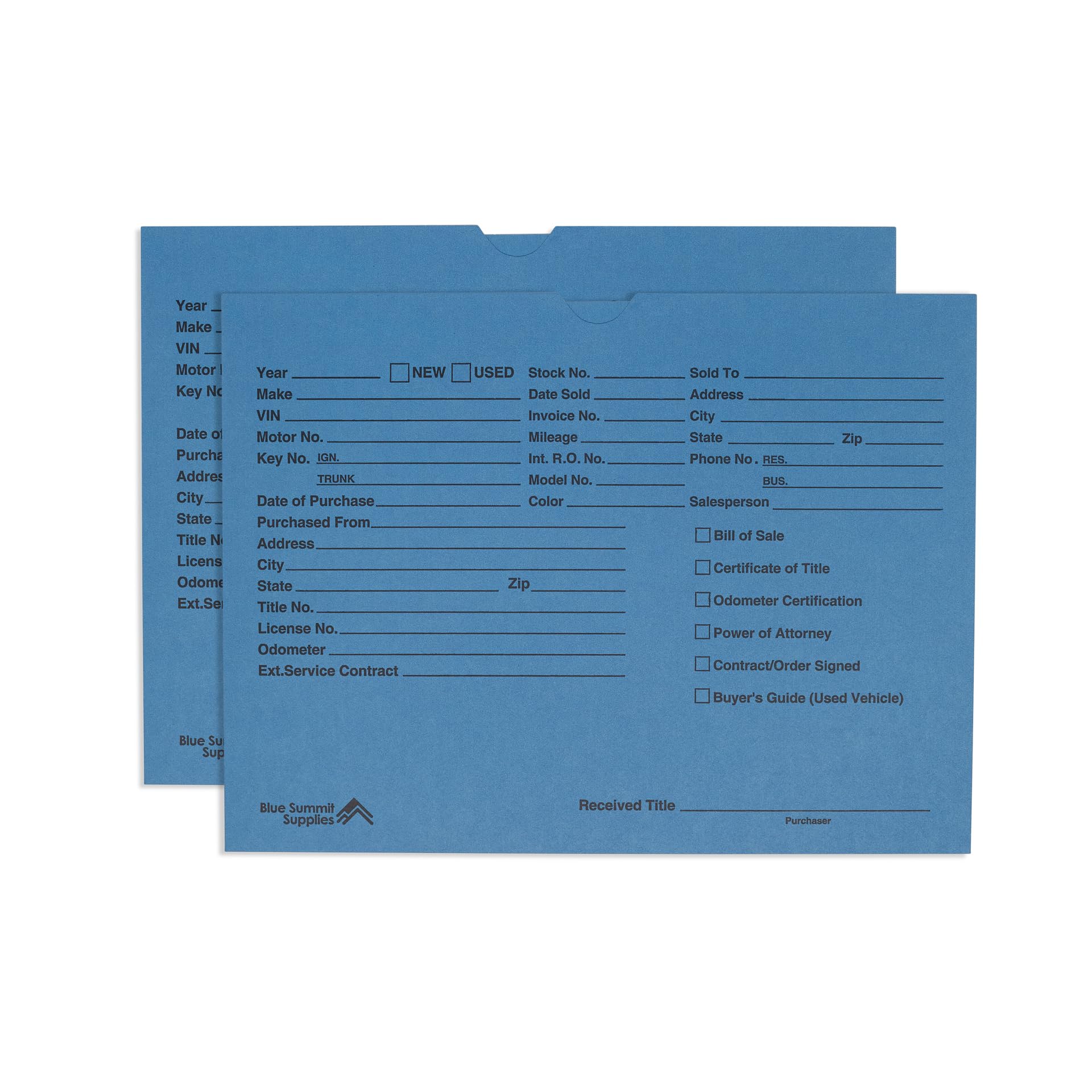Blue Summit Vehicle Deal Jackets For Dealerships, Blue, Pre-Printed, Car Jacket, Pack Of 100 Dealer Record Envelopes