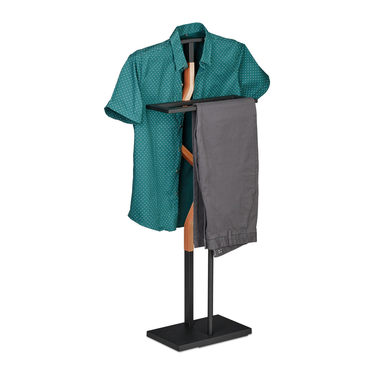 Relaxdays Valet Stand, Suit Holder, Clother Butler, Jacket & Trouser Hanger, 107x47.5x20 cm, Metal & MDF, Black/Natural, 60% ste