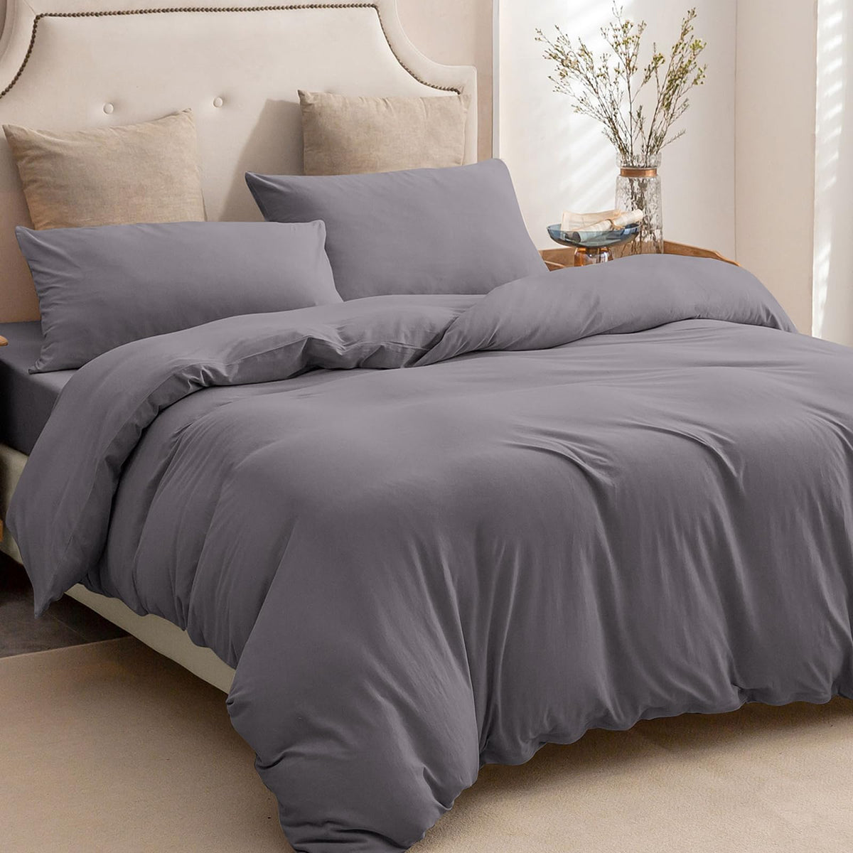 Pure Era Jersey Knit Duvet Cover Set 100% T-Shirt Cotton Super Soft Comfy 3Pc Bedding Set With Zipper Closure (Solid Grey Purple
