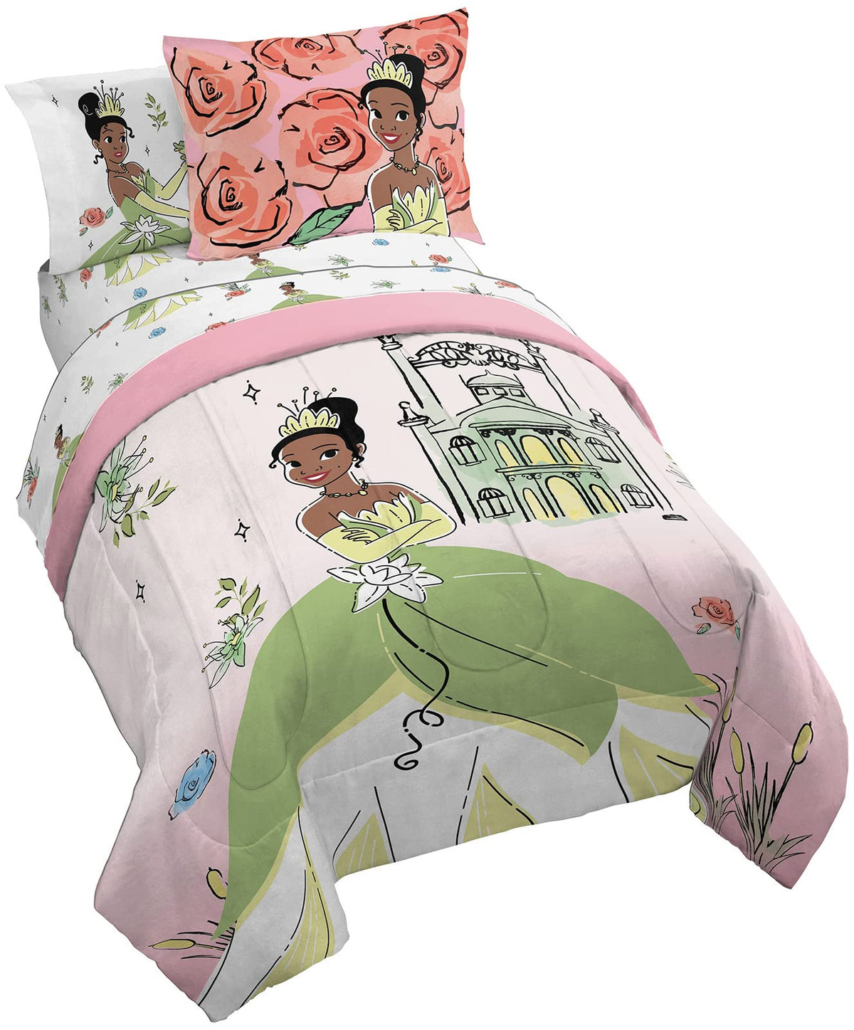 Jay Franco The Princess And The Frog Beauty & Grace 5 Piece Twin Size Bed Set - Includes Comforter & Sheet Set Featuring Tiana -