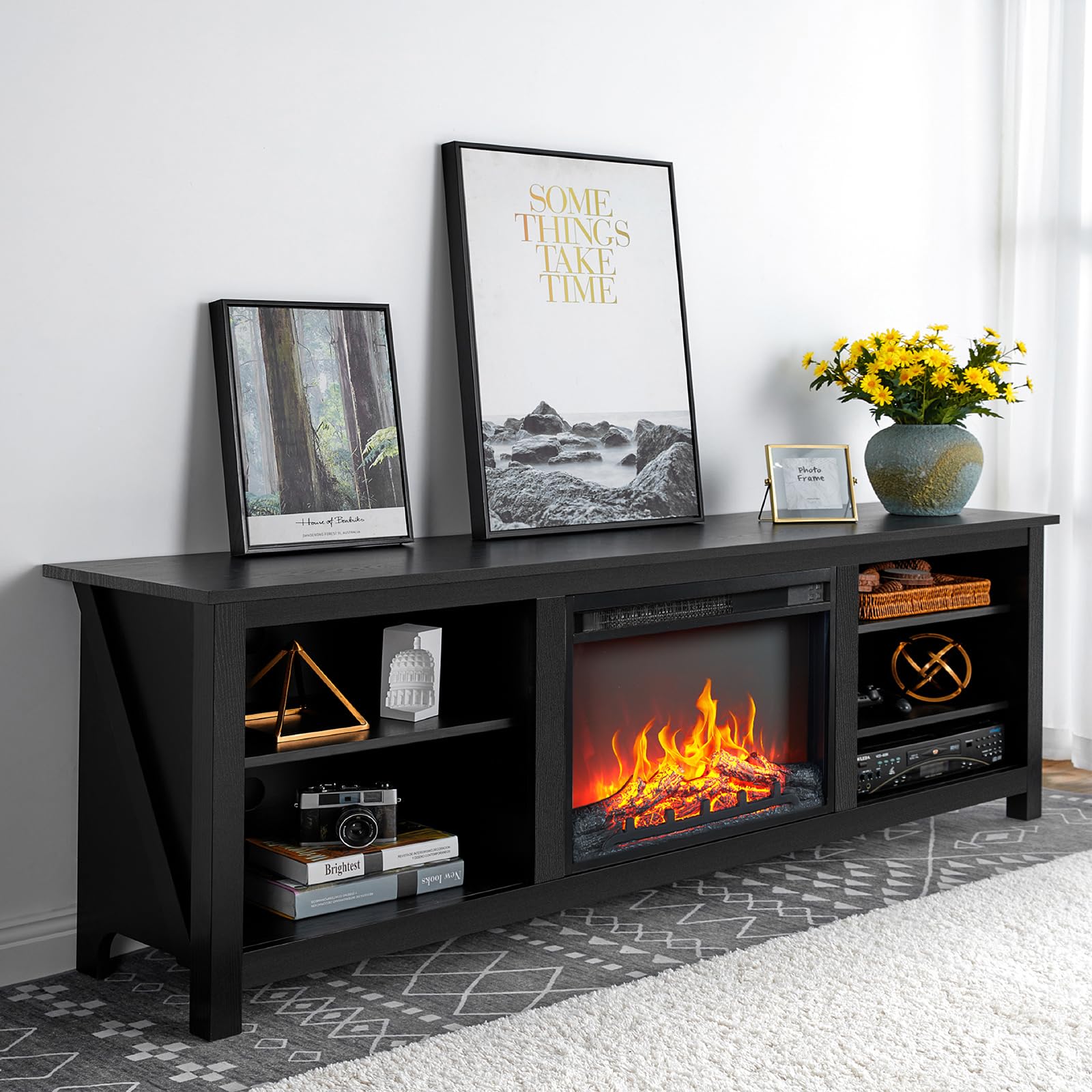 AMERLIFE Fireplace TV Stand, Wood Texture Entertainment Center with 23   Electric Fireplace, Farmhouse Entertainment Stand Med