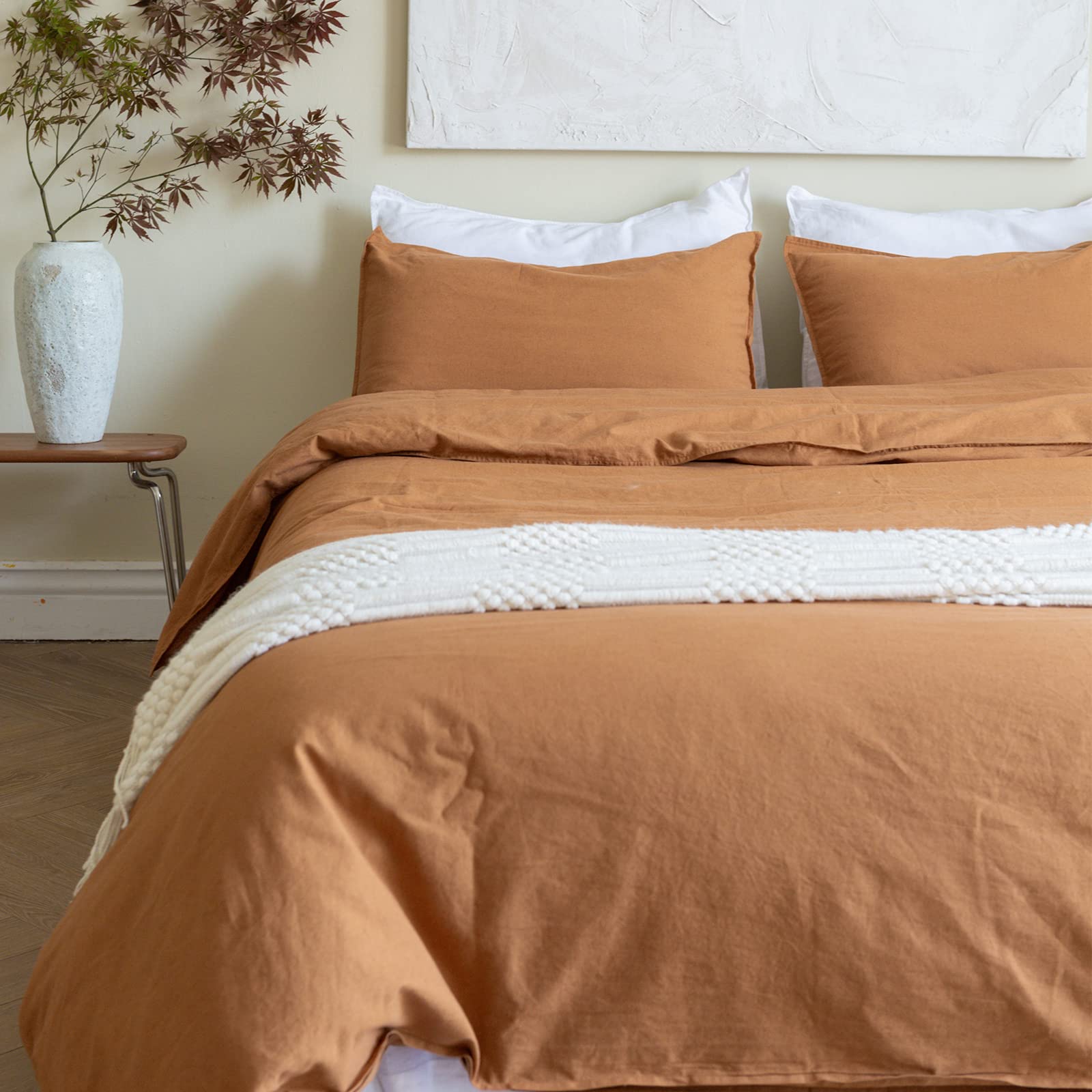 Biselina French Linen Duvet Cover Set 3Pcs With Hidden Zipper Closure Natural Flax Cotton Blend Solid Color Soft Breathable Luxu
