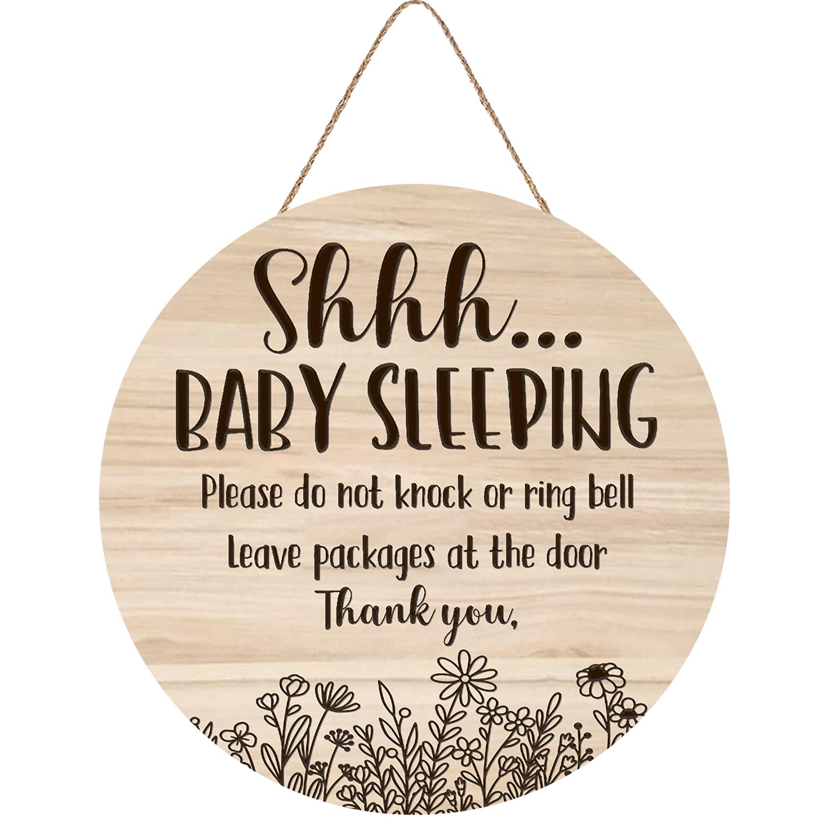 Shhh... Baby Sleeping Hanging Sign Plaque, Do Not Knock Or Ring The Bell, Round Sturdy Wooden Door Hanger for Baby Room, Nursery