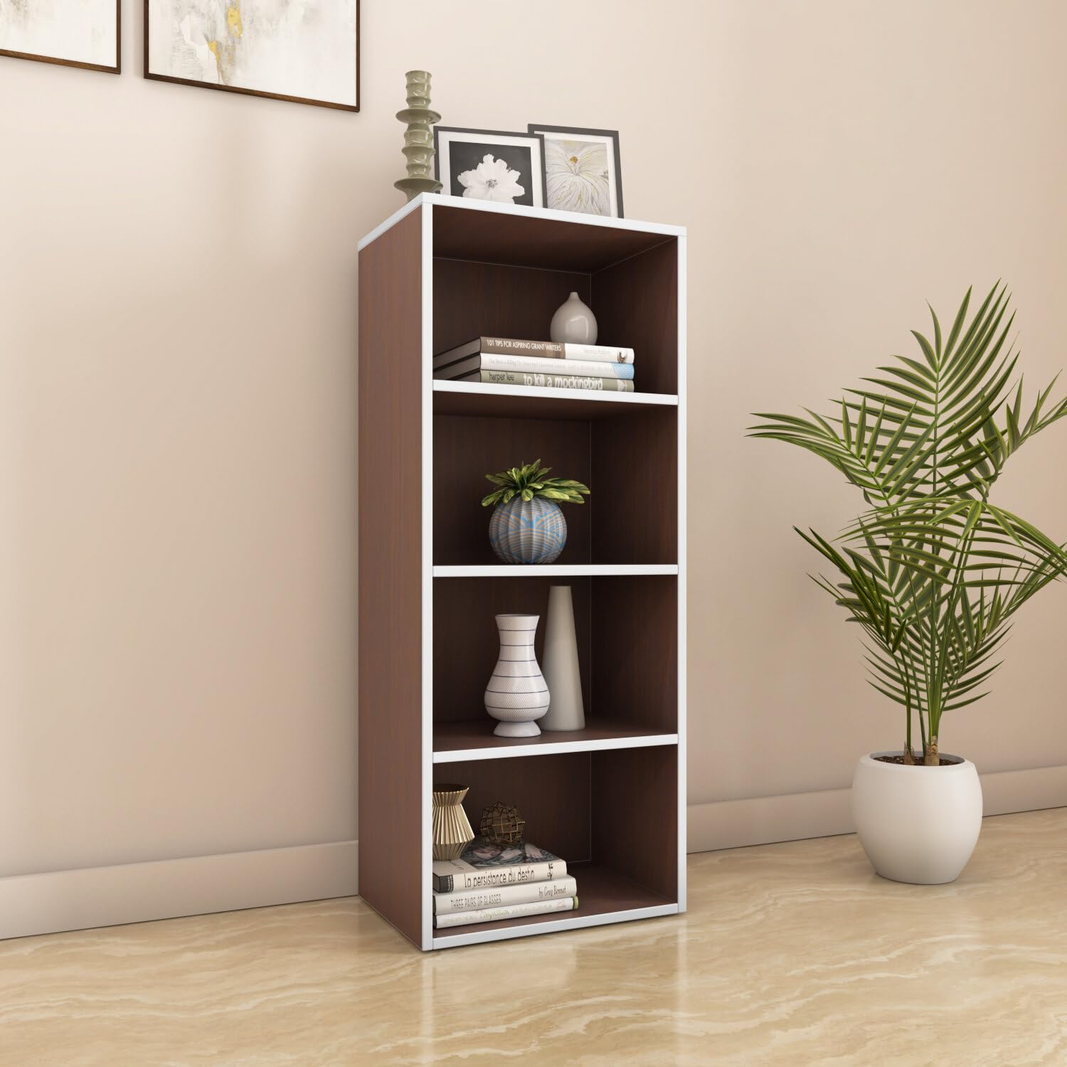 Nilkamal Halo 4 Tier Engineered Wood Free Standing Book Shelf Cabinet With Open Shelf | 1 Year Warranty | Legno Oak