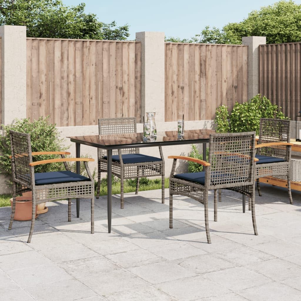 vidaXL Patio Dining Set with Cushions - Gray Poly Rattan - 5 Piece Outdoor Garden Furniture - Tempered Glass Tabletop - Acacia Wood Chairs - Removable Covers - UV-Resistant - Assembly Required