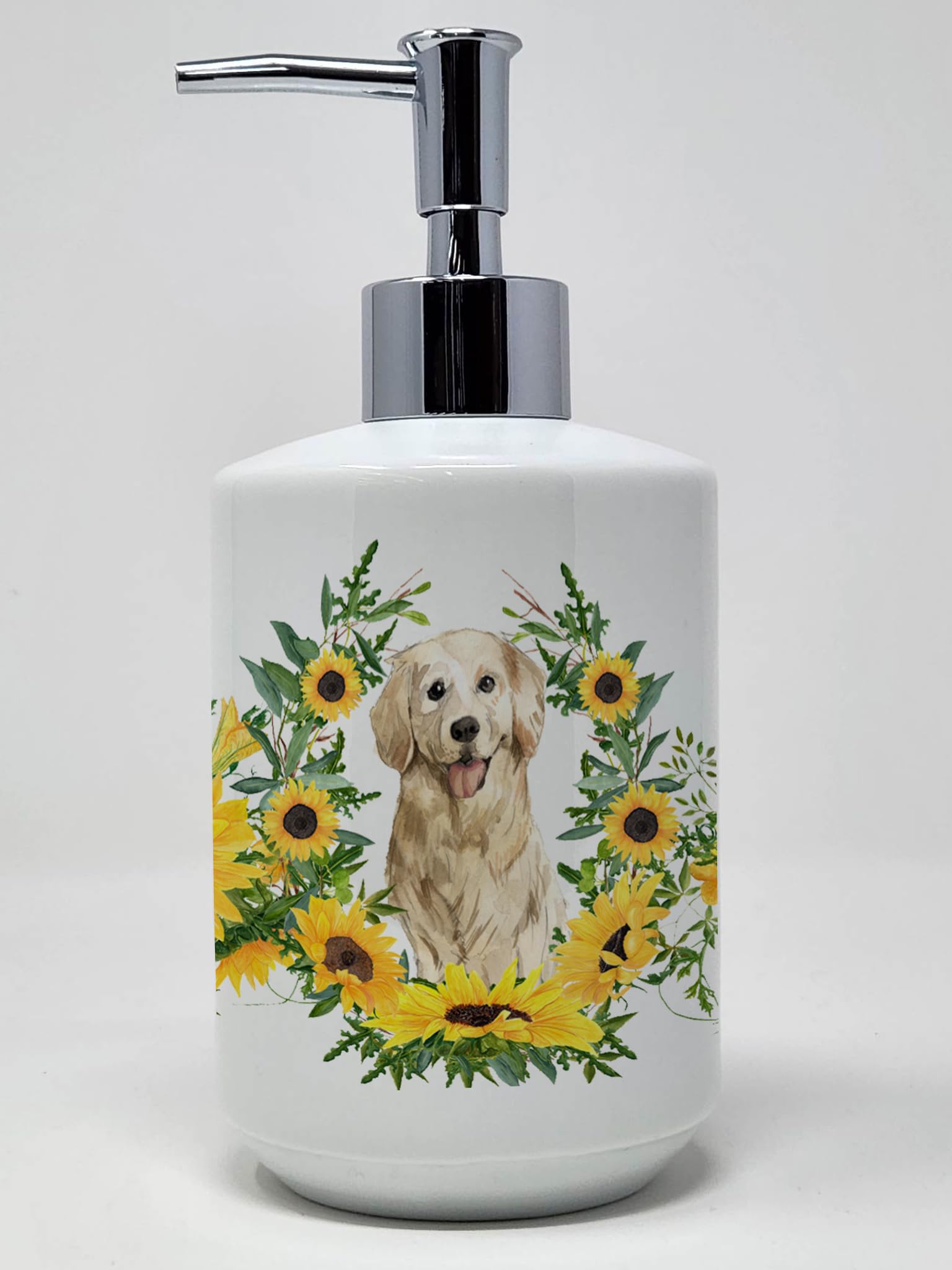 Caroline's Treasures CK2977SOAP Goldendoodle in Sunflowers Ceramic Soap Dispenser Hand Soap Dispenser Pump Bottles for Bathroom 