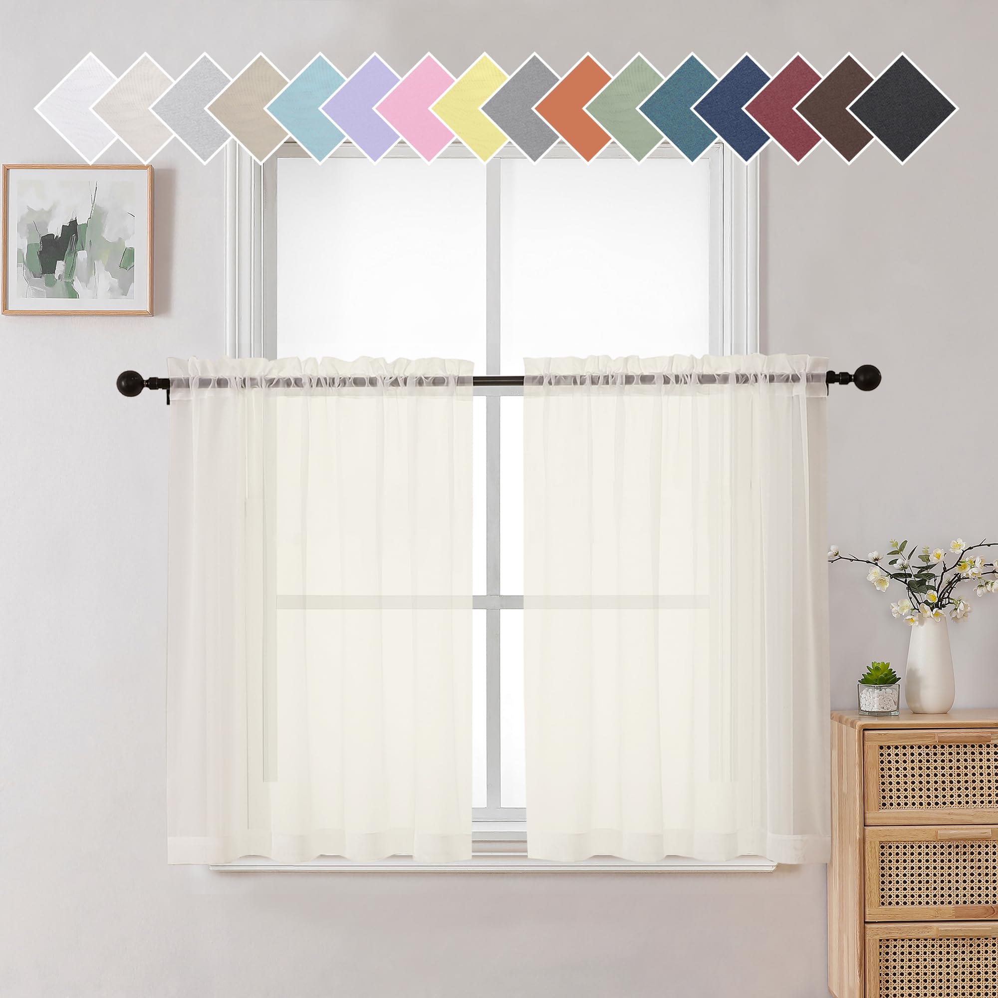 Aiyufneg Ivory Sheer Curtains 36 Inch Length Kitchen Tiers Short Voile Curtains/Drapes Solid Sheers Cafe Curtains Voile Bathroom