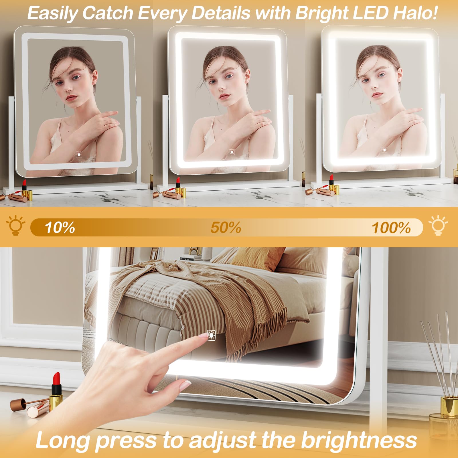 Gvnkvn Makeup Vanity Mirror With Lights 15.2' Large Led Lighted Mirror, Hollywood Make Up Mirror With Lighting For Bedroom Tabl