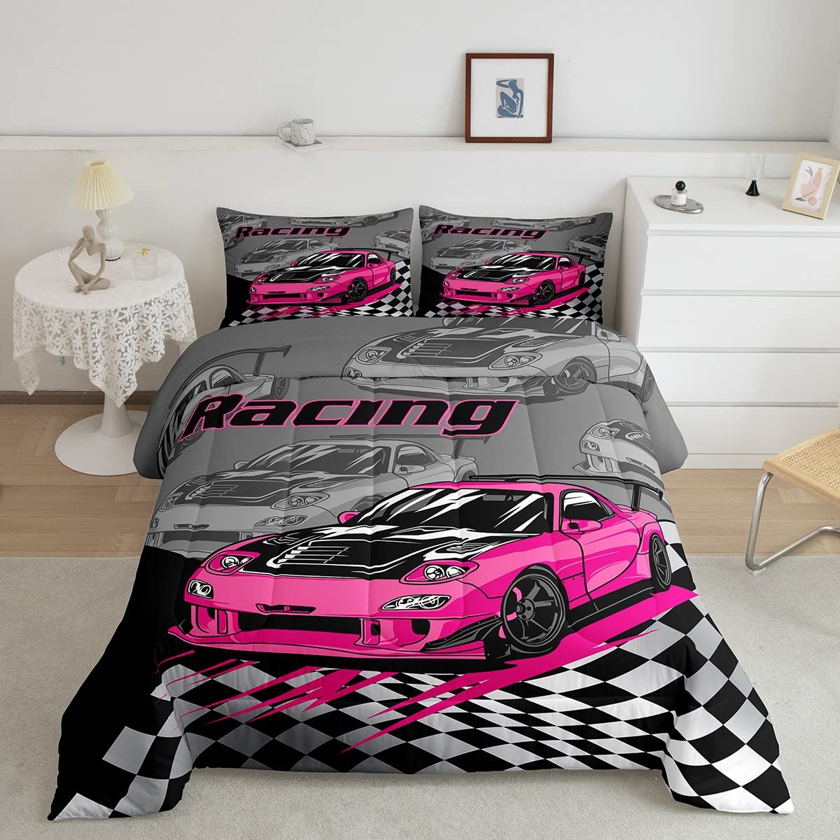 Pink Race Car Kids Comforter Set Twin Size,Racing Flag Black White Checkered Bedding Set,Boys Girls Adults Room Decor,Extreme Sp