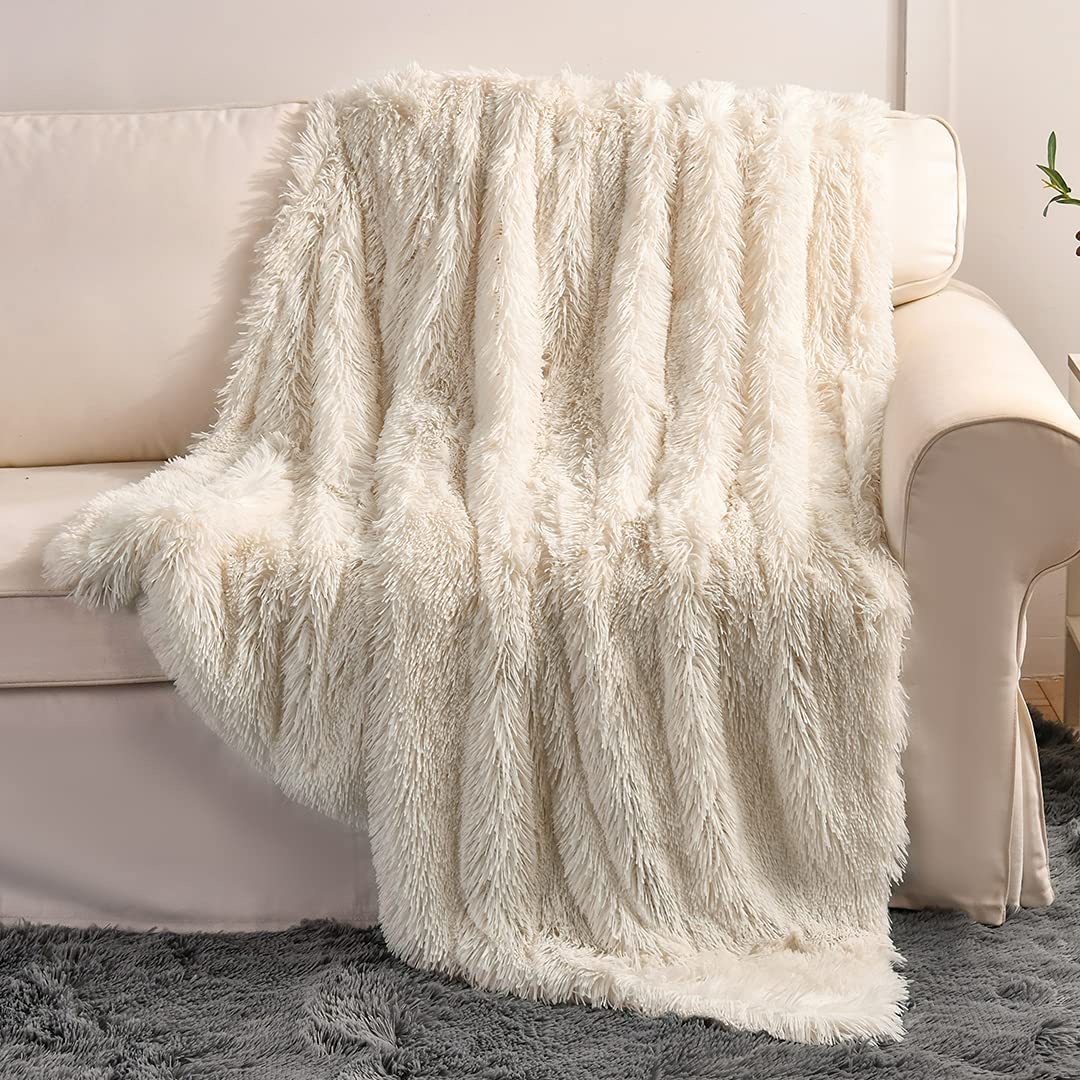 Yusoki Cream White Faux Fur Throw Blanket,2 Layers,50 ' X 60 ' Cozy Plush Fluffy Blanket Furry Fuzzy Warm Cute Shaggy Blanket
