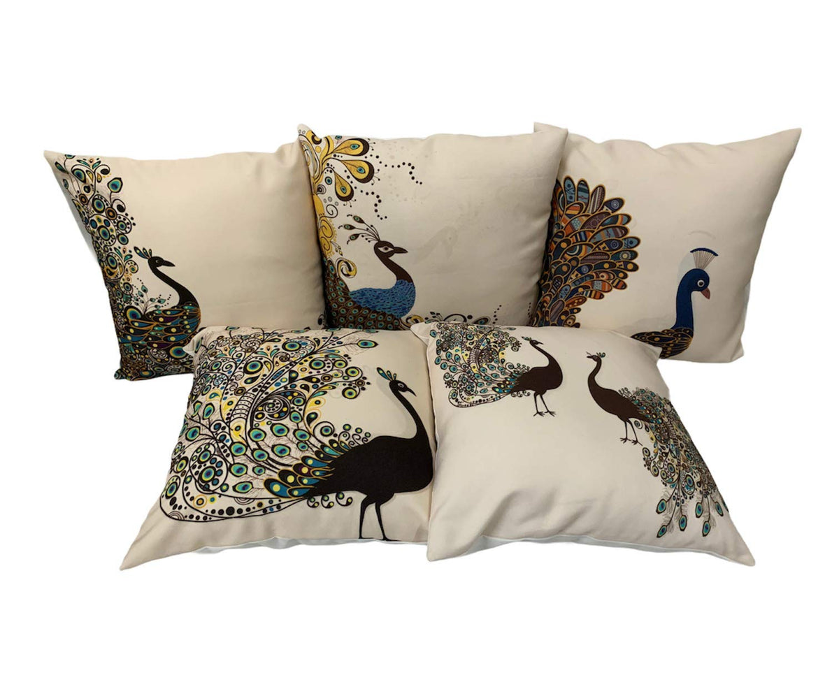 Shopping Tree Peacock Design Printed Canvas Cotton Cushion Cover Sofa 12X12 Inches, Set Of 5 PcsFor Living