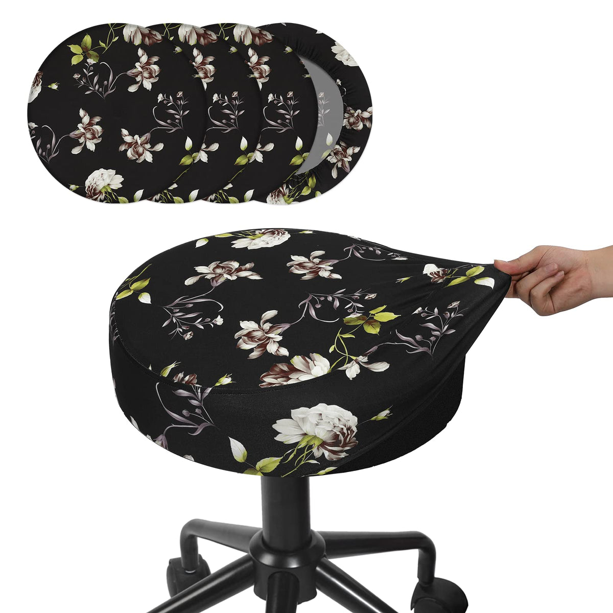 Buyue 4 Pcs Bar Stool Covers, Luxury Dia.14-16' Round Cotton Feeling Printing Stretchy Washable Dustproof Stool Seat Slipcover, M-4 Counts- Black+ Flower Printed