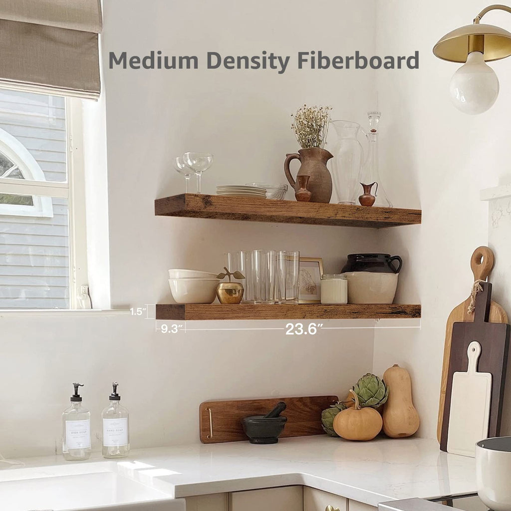 QEEIG Floating Shelves Rustic Brown Engineered Wood 24 x 9 inch Set of 2 Mounted Bathroom Shelves