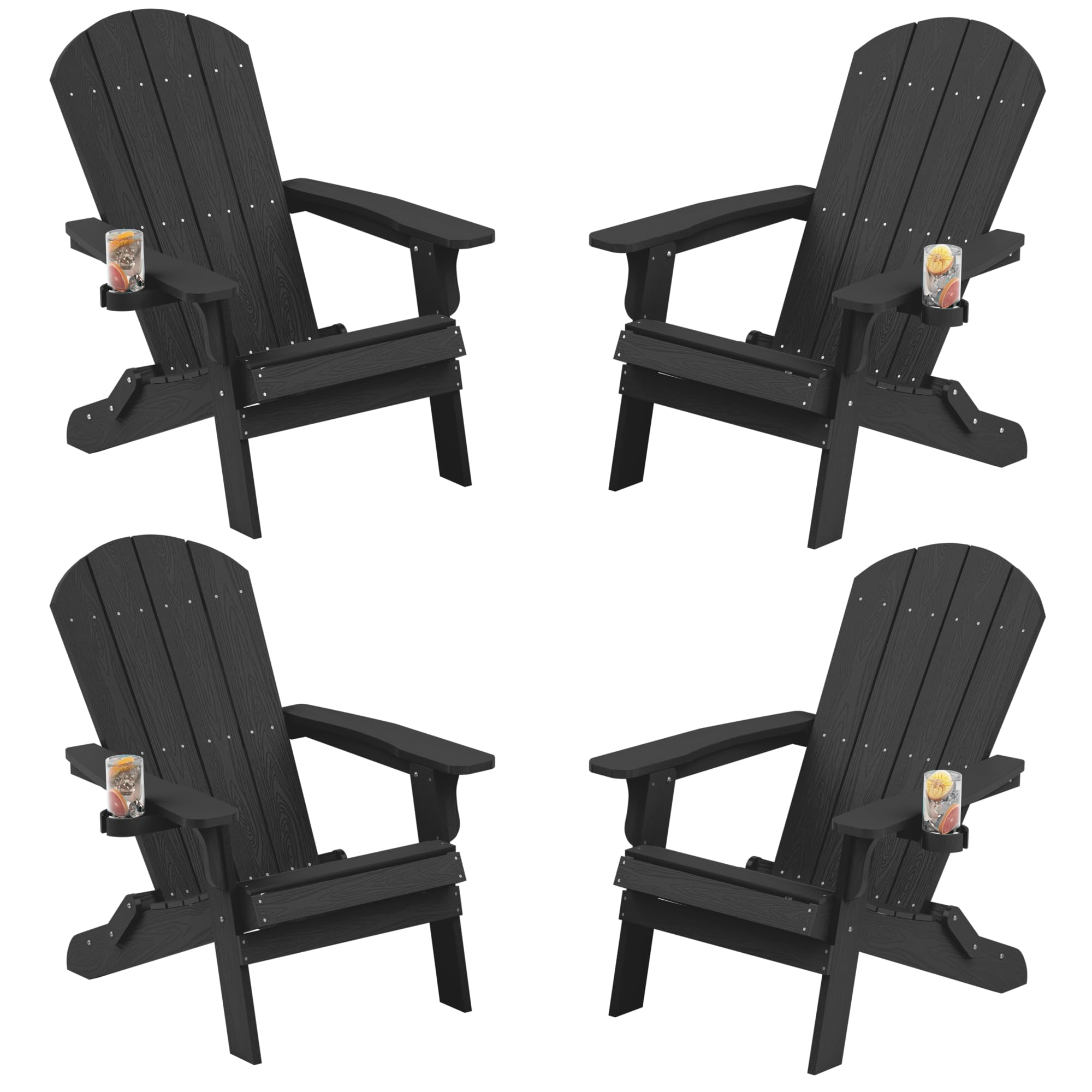 Yefu Adirondack Chair, Foldable Oversized Plastic Adirondack Chair Set Of 4 With Cup Holder, Patio Chair With Weather Resistant For Outside Deck Lawn, Weight Capacity Up To 400 Lbs –Black