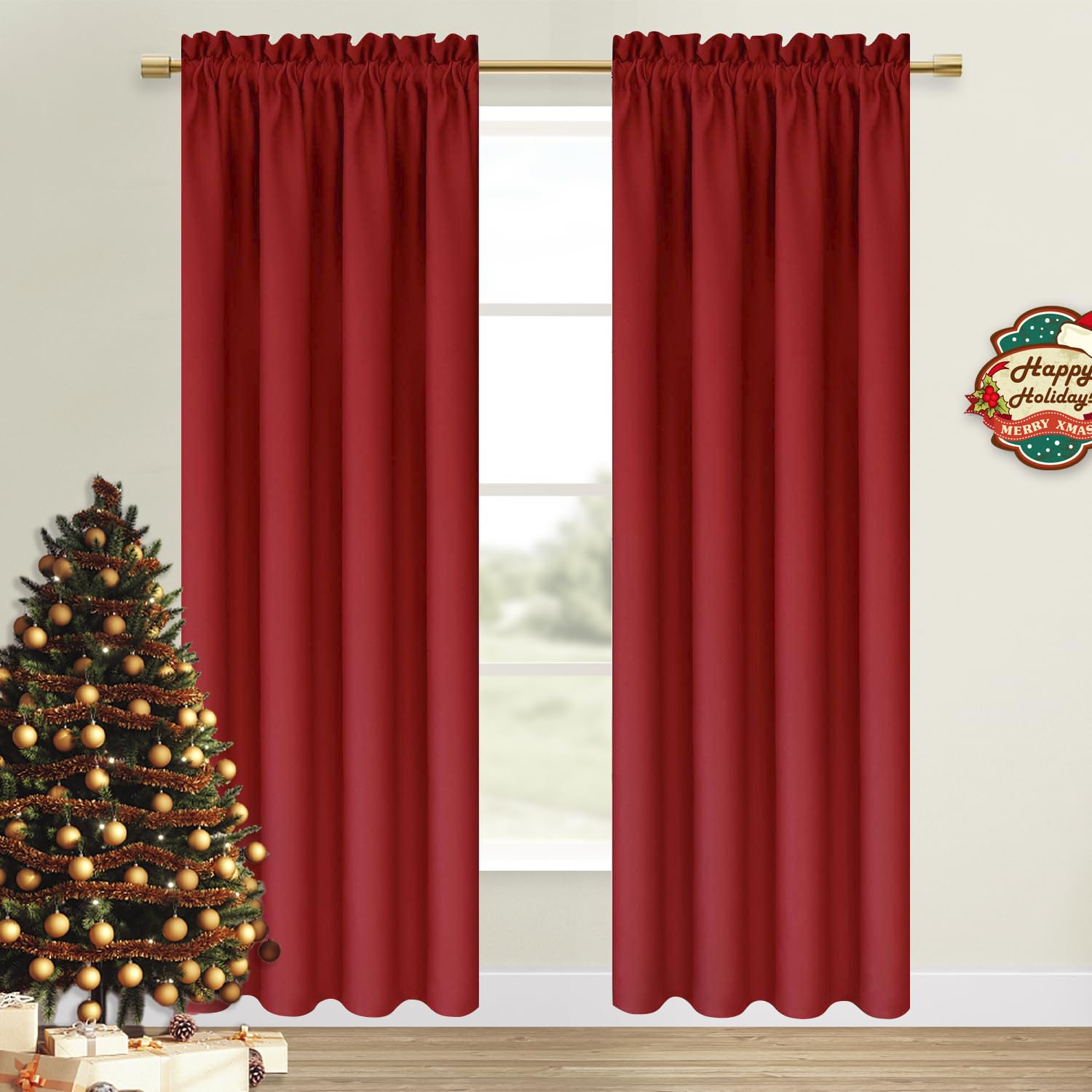Dwcn Christmas Blackout Curtains For Bedroom - Thermal Insulated Room Darkening Drapes For Living Room, Red, W 42 X L 84 Inch, S