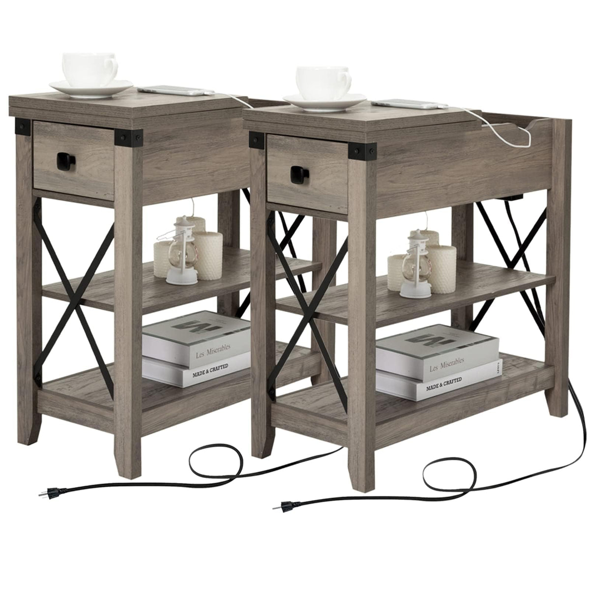 Awescuti Narrow End Table With Charging Station - Farmhouse Slim Side Table Set Of 2, W/Usb Ports Power Outlets, Nightstand W/Flip Top Storage Drawer, For Small Spaces Living Room Bedroom, Gray