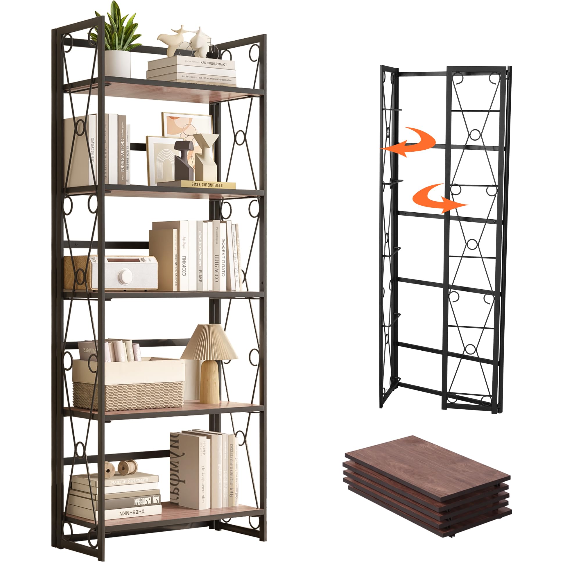 VECELO Bookshelf, 5 Shelf Folding Bookcase No Assembly, Industrial Metal Frame Shelves Rack Organizer for Living Room, Office,Li