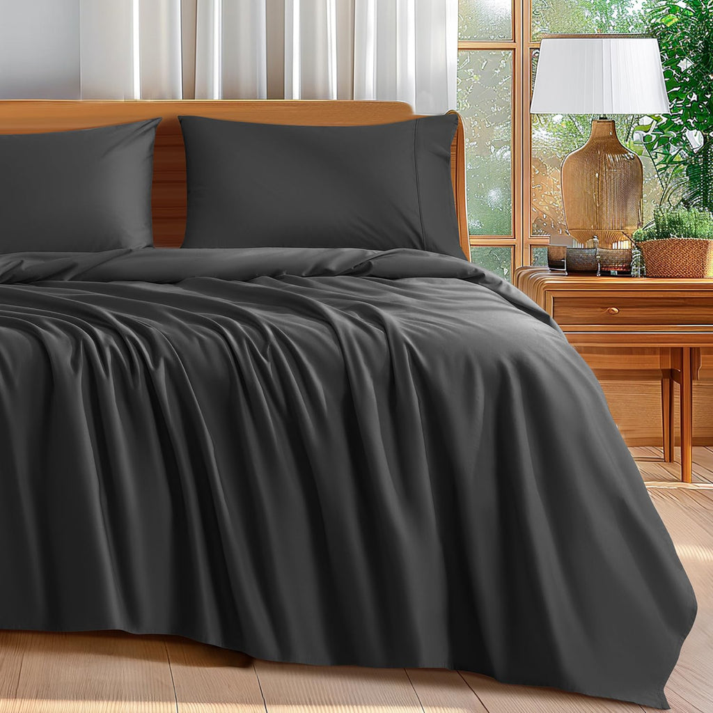 Shilucheng 100% Cotton Sheets Set - 600 Thread Count,Luxury Egyptian Cotton Bed Sheets,5-Star Hotel Quality Sheets, Breathable & Cooling, 16 Inch Deep Pocket - 4 Piece (Black, California King)