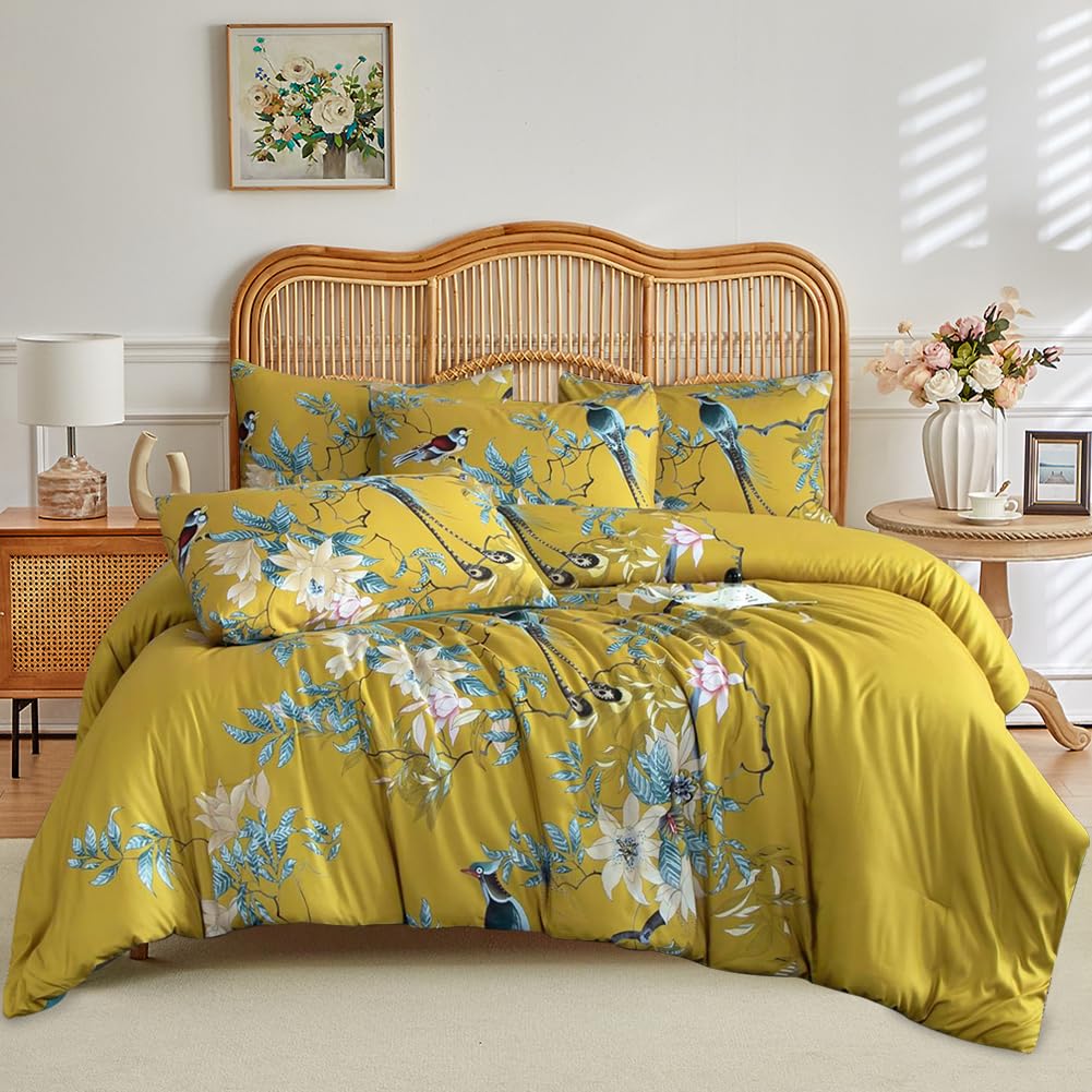 Eavd Vintage Style Garden Floral Bird Comforter Set King Soft Microfiber Chic Flower Cute Birds Printed On Yellow Bedding Set 1
