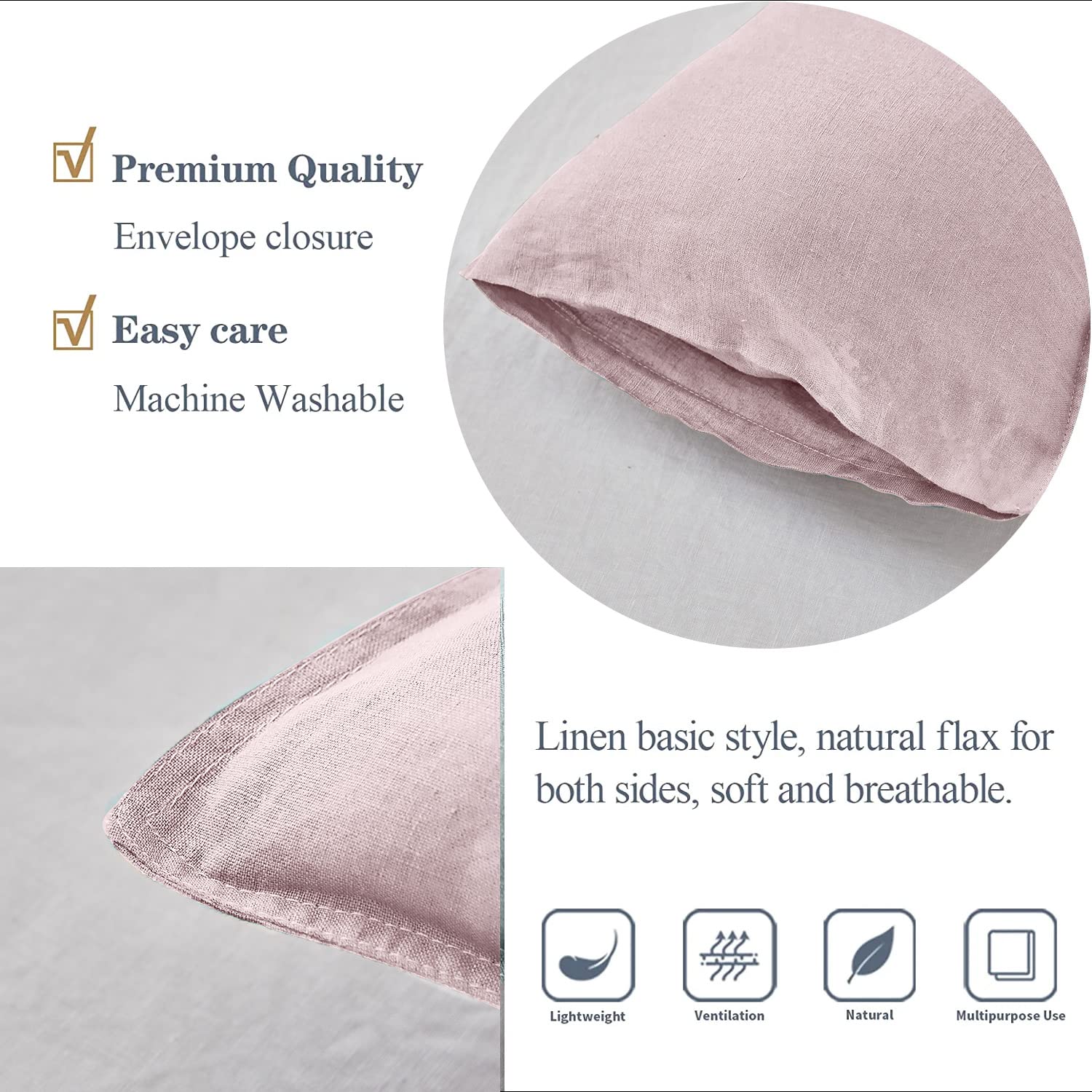 Simple&Opulence 100% Linen Lumbar Pillow Cover 12 X 20 Inches Set Of 2 Rectangular Decorative Throw Cushion Cover For Couch Sofa Bed Living Room Office Soft Breathable Farmhouse - Blush Pink