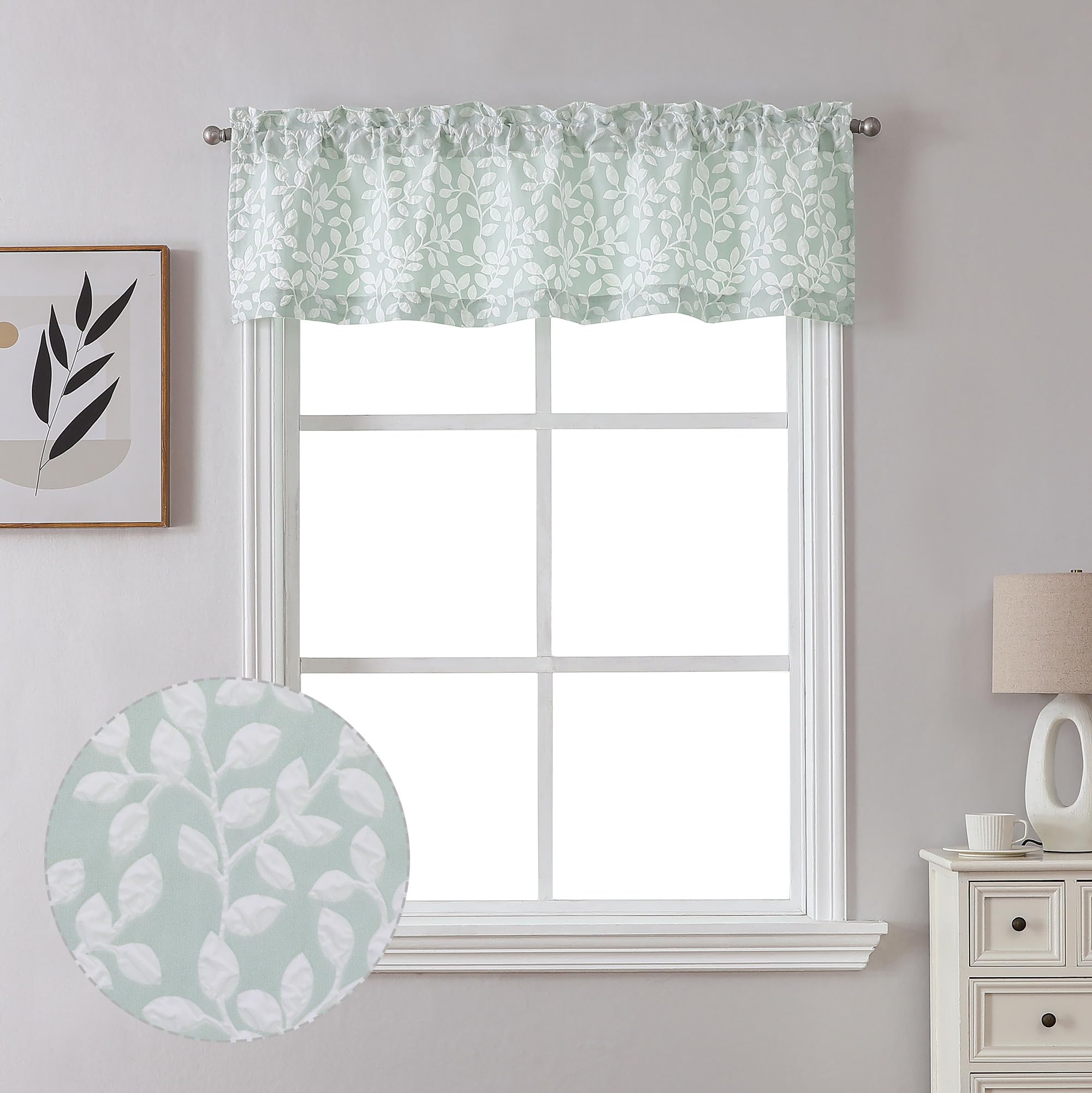 Chyhomenyc Anna White Green Valances For Windows 14 Inches Long 2 Pieces, Light Filtering Soft 3D Embossed Textured Fabric Curta