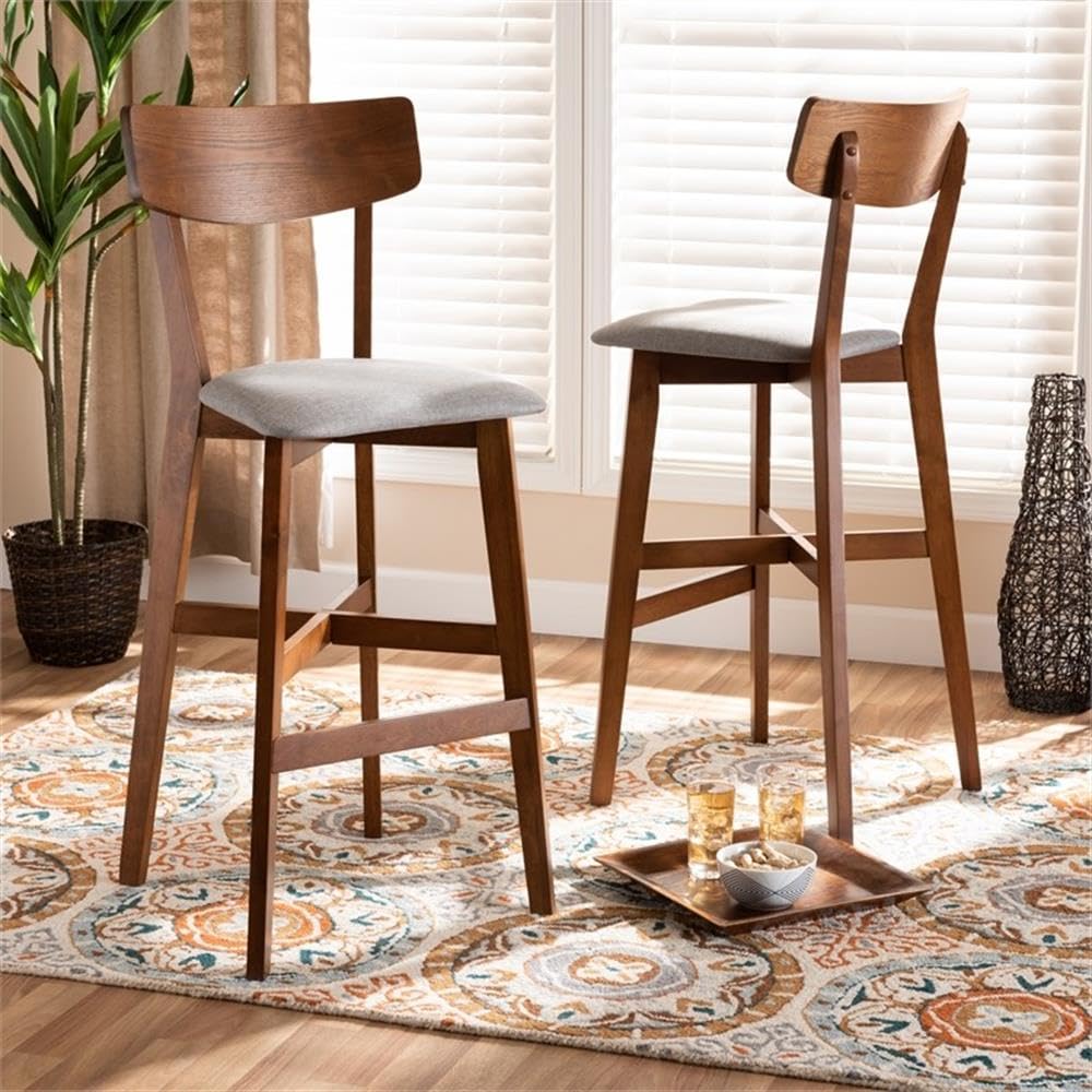 Baxton Studio Cameron Modern and Contemporary Transitional Grey Fabric Upholstered and Walnut Brown Finished Wood 2-Piece Bar Stool Set