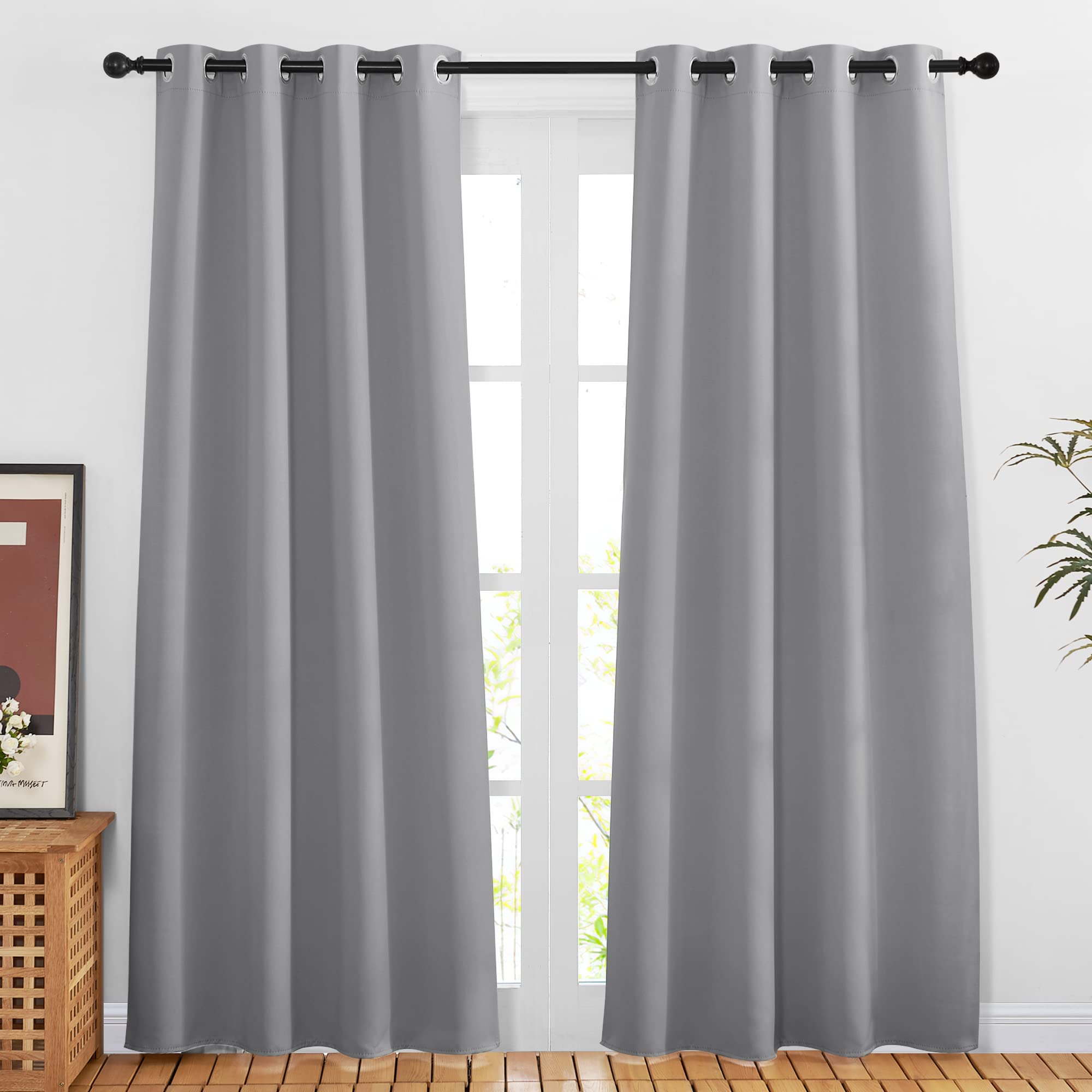 Nicetown Blackout Silver Grey Doorway Curtains - Solid Thermal Insulated Grommet Room Darkening Privacy Window Drapes Sound Damp