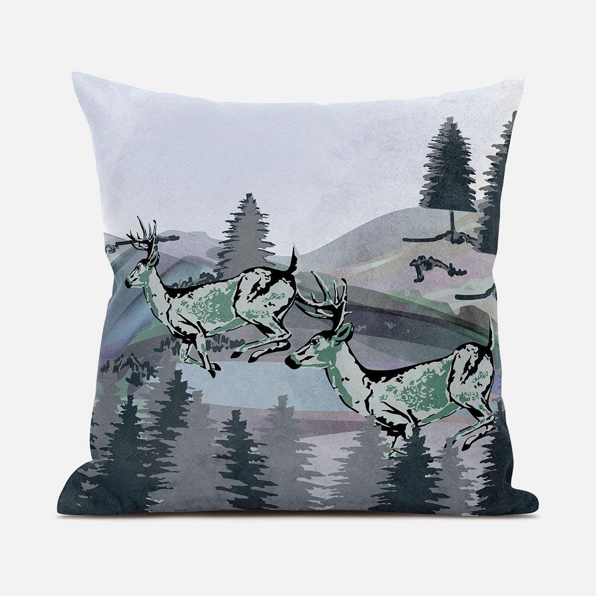 HomeRoots 20x20 Muted Green Black Blue Deer Blown Seam Broadcloth Animal Print Throw Pillow