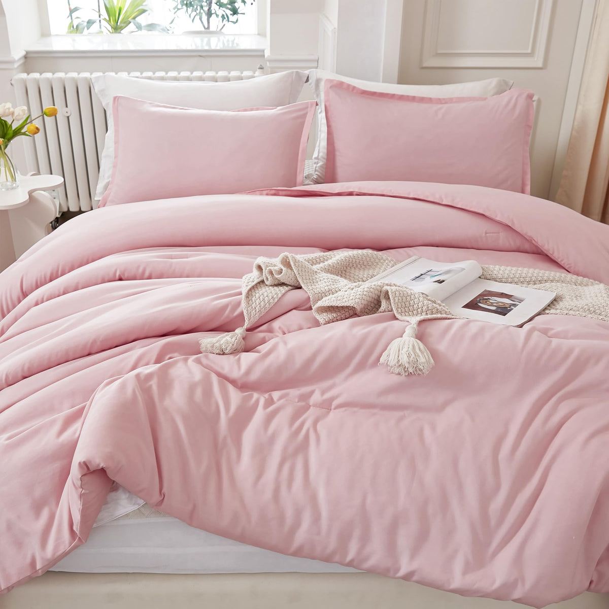 Litanika Pink Comforter Set Queen Size, 3 Pieces Girls Women Cute Soft Solid Bedding Set & Collections, All Season Bed Set (90X9