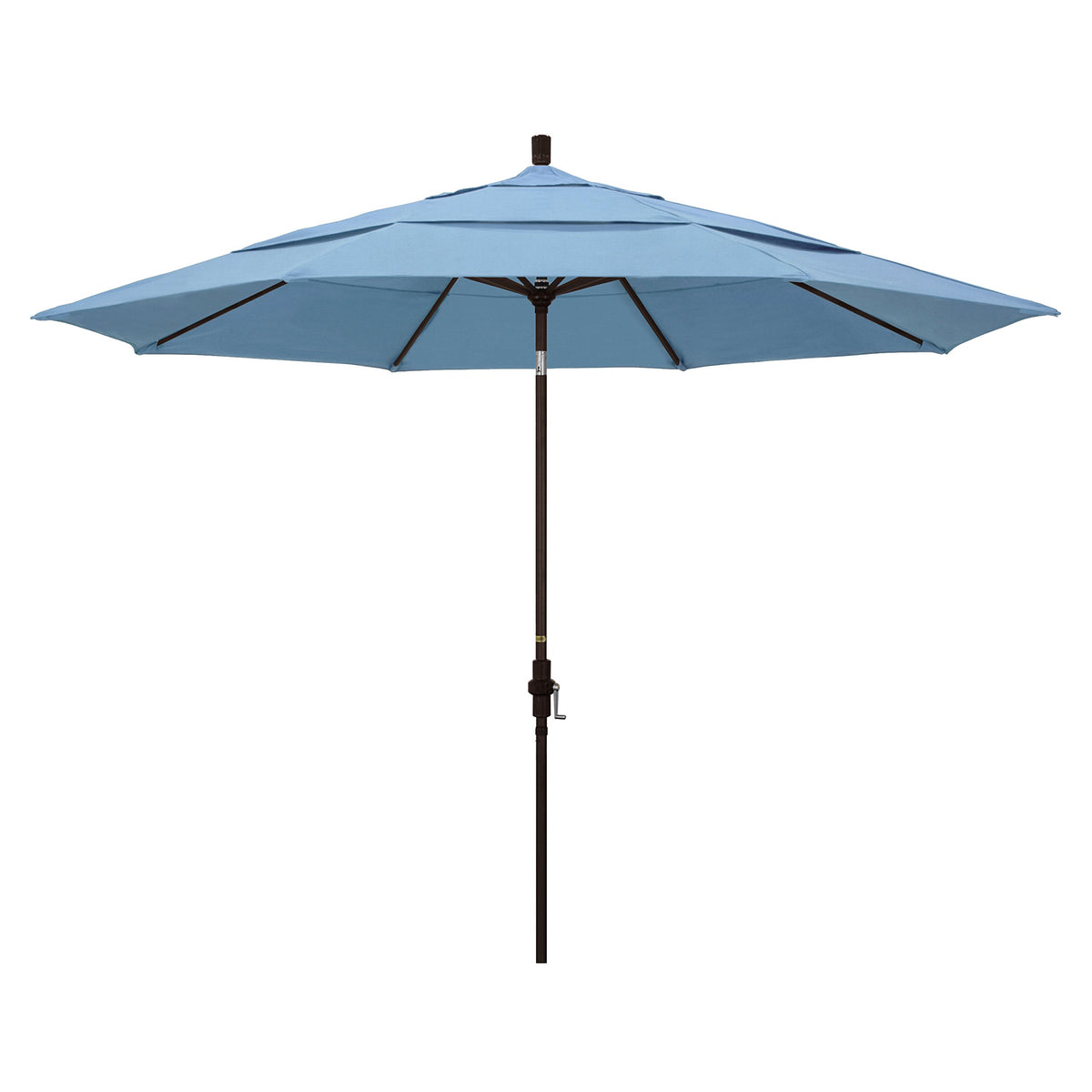 California Umbrella 11' Round Aluminum Market Umbrella, Crank Lift, Collar Tilt, Bronze Pole, Sunbrella Air Blue