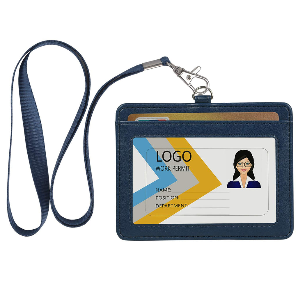 Teskyer Badge Holder With Lanyard, Leather Id Name Badge Card Holder With Lanyard For Id Badges, Horizontal Blue