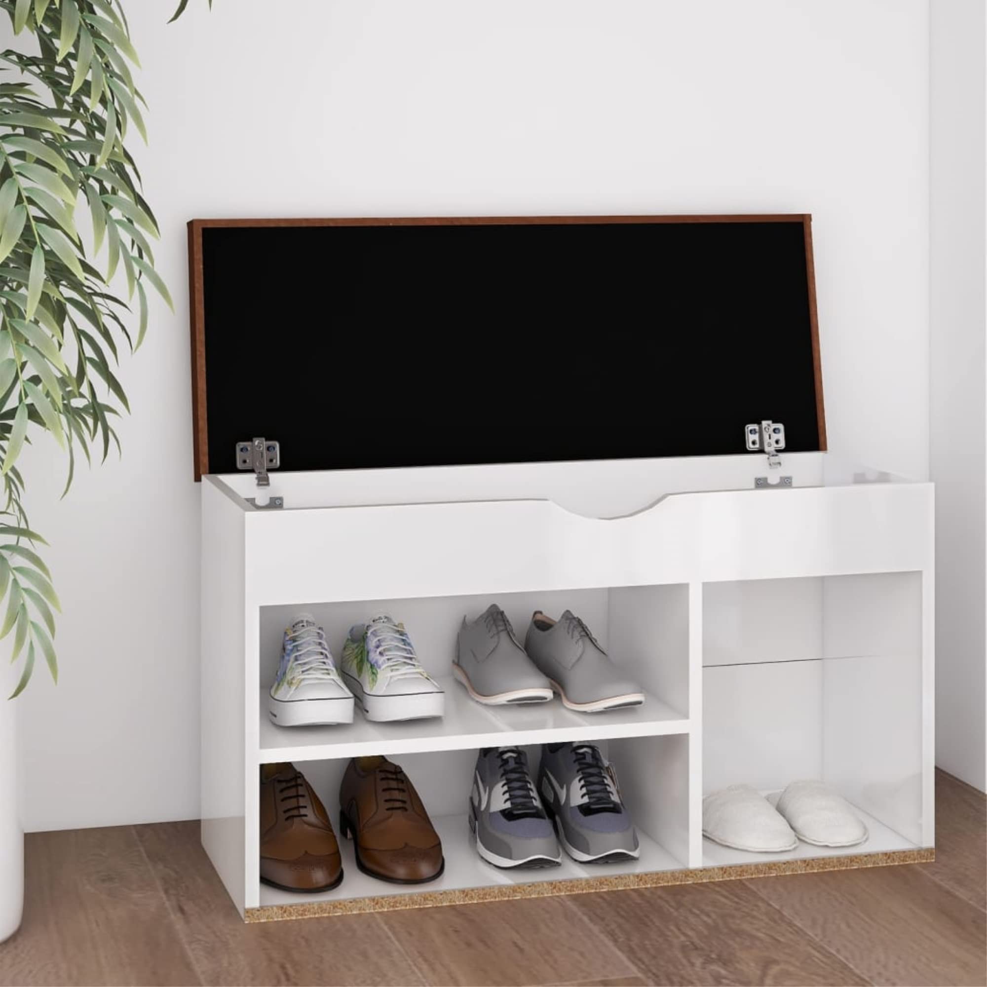 vidaXL High Gloss White Shoe Bench with Cushion - Engineered Wood Shoe Organizer - Modern Style Bench with Storage - 35.94 Pounds