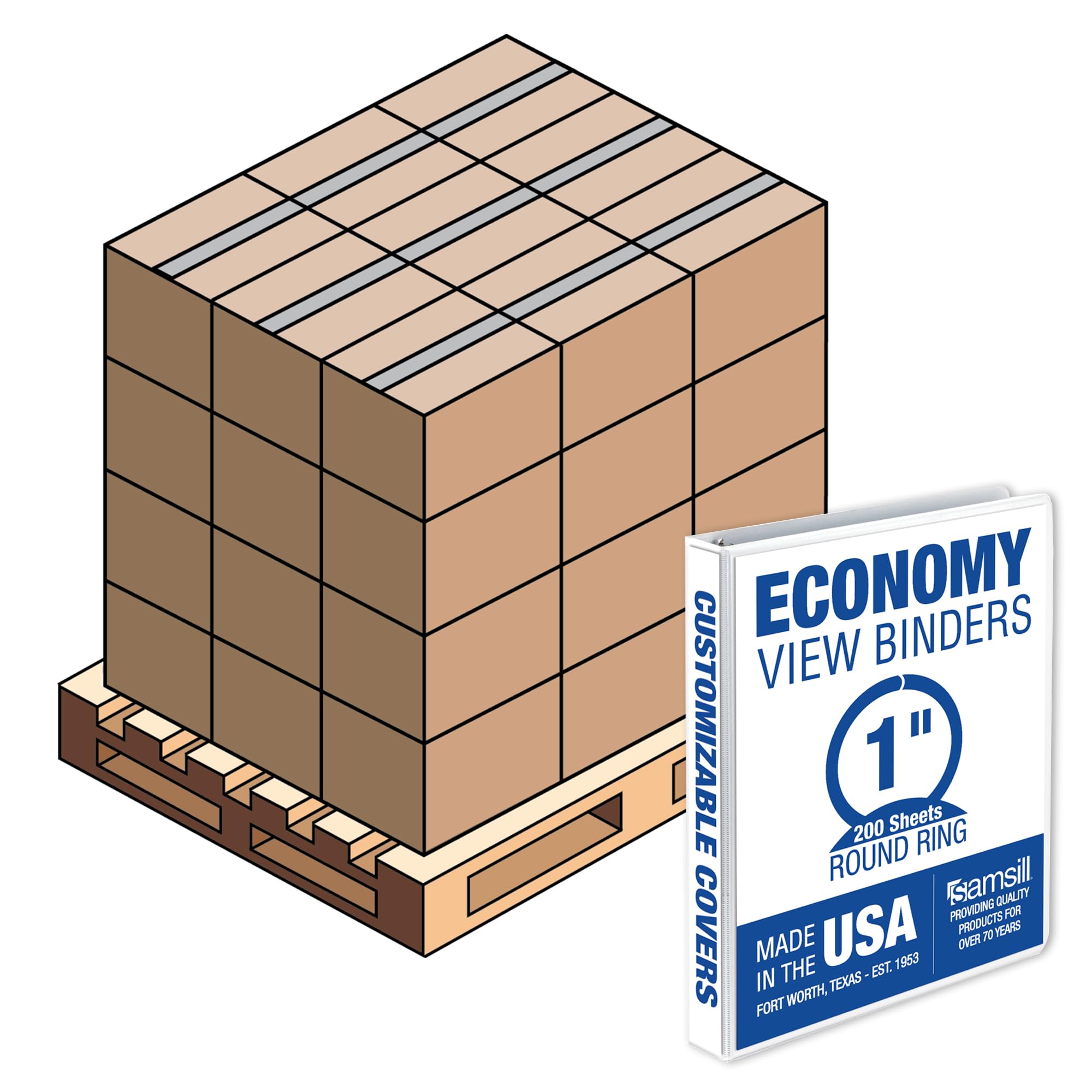 Samsill 1 Inch 3 Ring Binders, Made In Usa, Economy Round Ring With Clear View Cover, 200 Sheet Capacity, White, Pallet Of 864 B