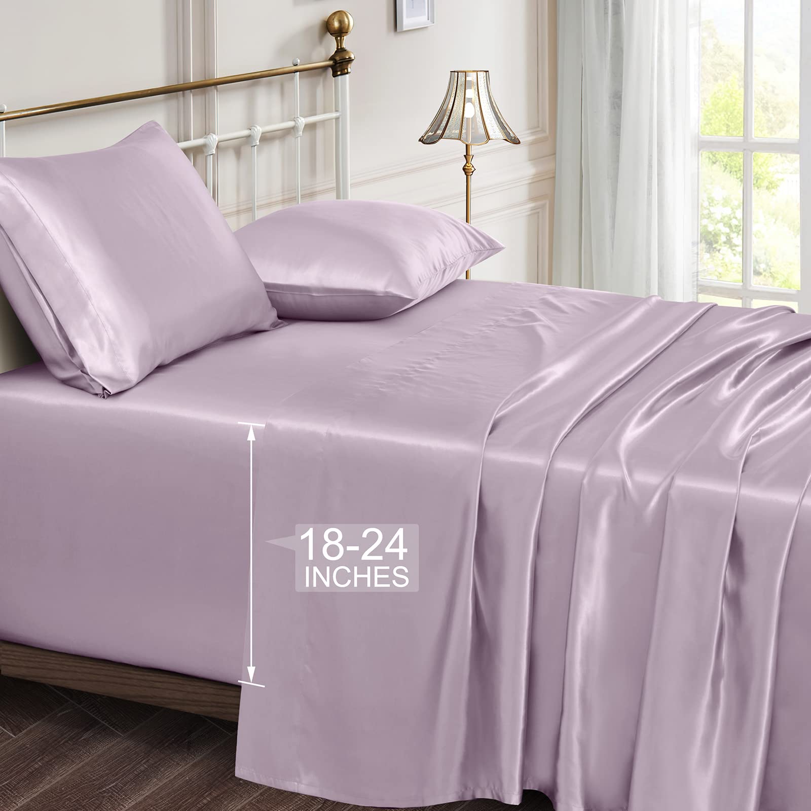 Vonty Satin Sheets Extra Deep Pocket Queen Sheet Sets - Cooling & Silky Satin Queen Size Sheets with 18-24 Inch Deep Pocket, Lux
