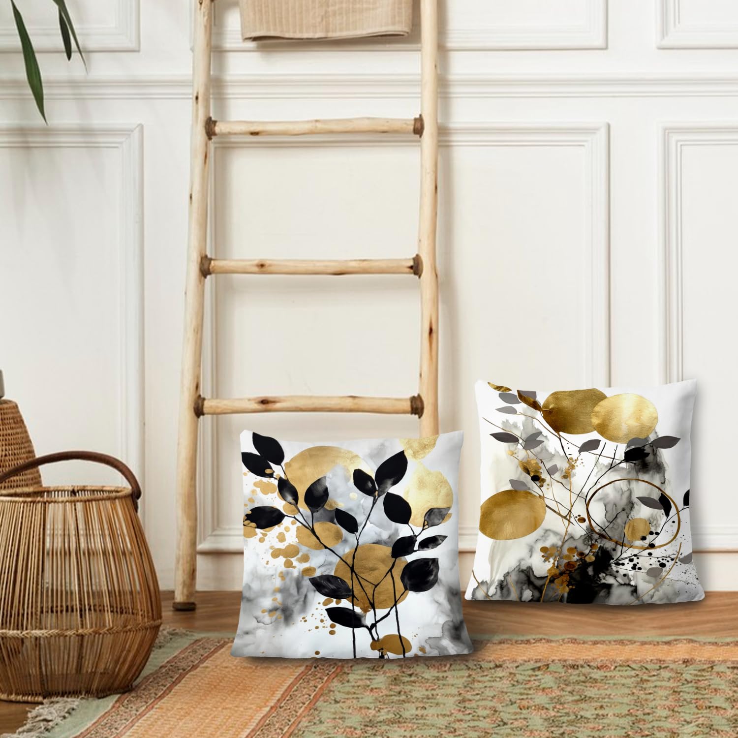 Supwhd Black And Gold Botanical Pillow Covers 16X16 Set Of 2, Abstract Modern Decorative Throw Pillow Covers For Living Room Bed