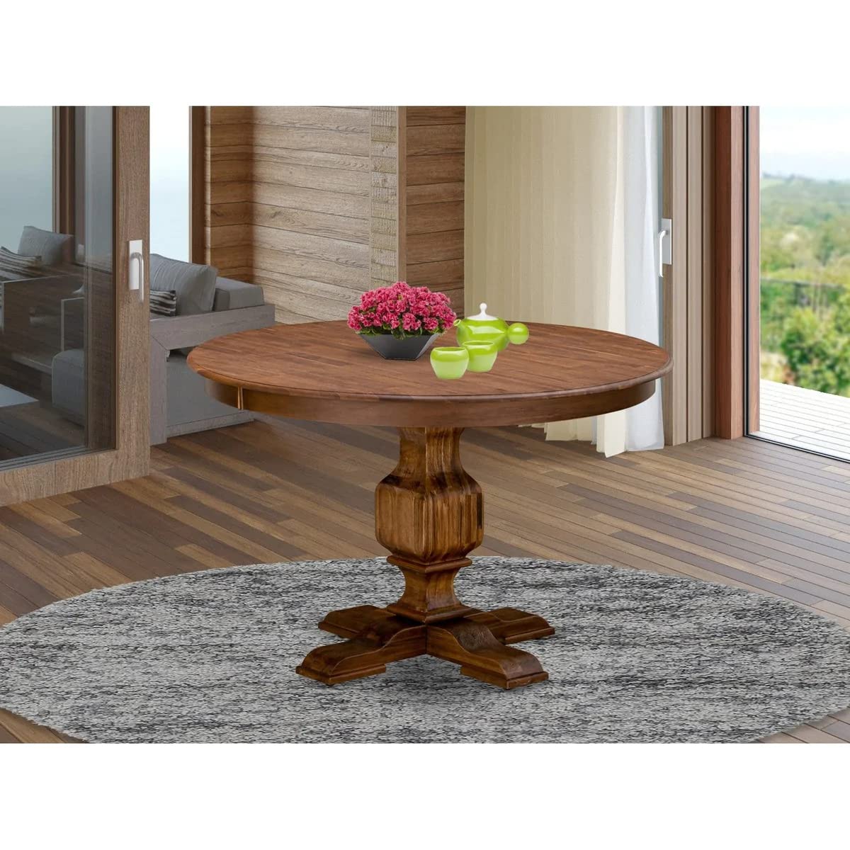 East West Furniture FE3-0N-TP Ferris Modern Kitchen Table - a Round Dining Table Top with Pedestal Base, 48x48 Inch, Sandblasting Antique Walnut