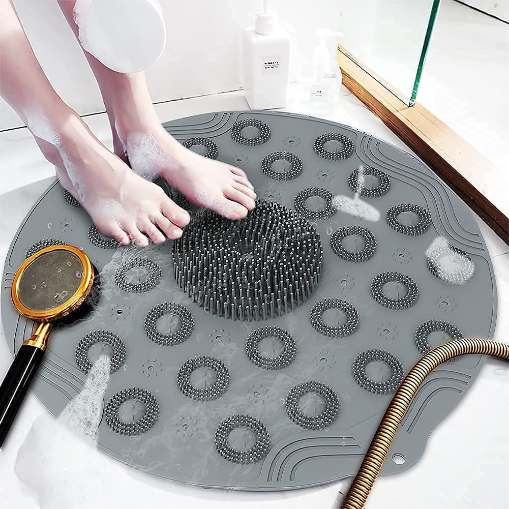 HEBEZON Silicone Bathroom mat Foot & Back Cleaner Scrubber AntiSlip Mat with Drain Machine Washable Anti Bacterial Shower mat,